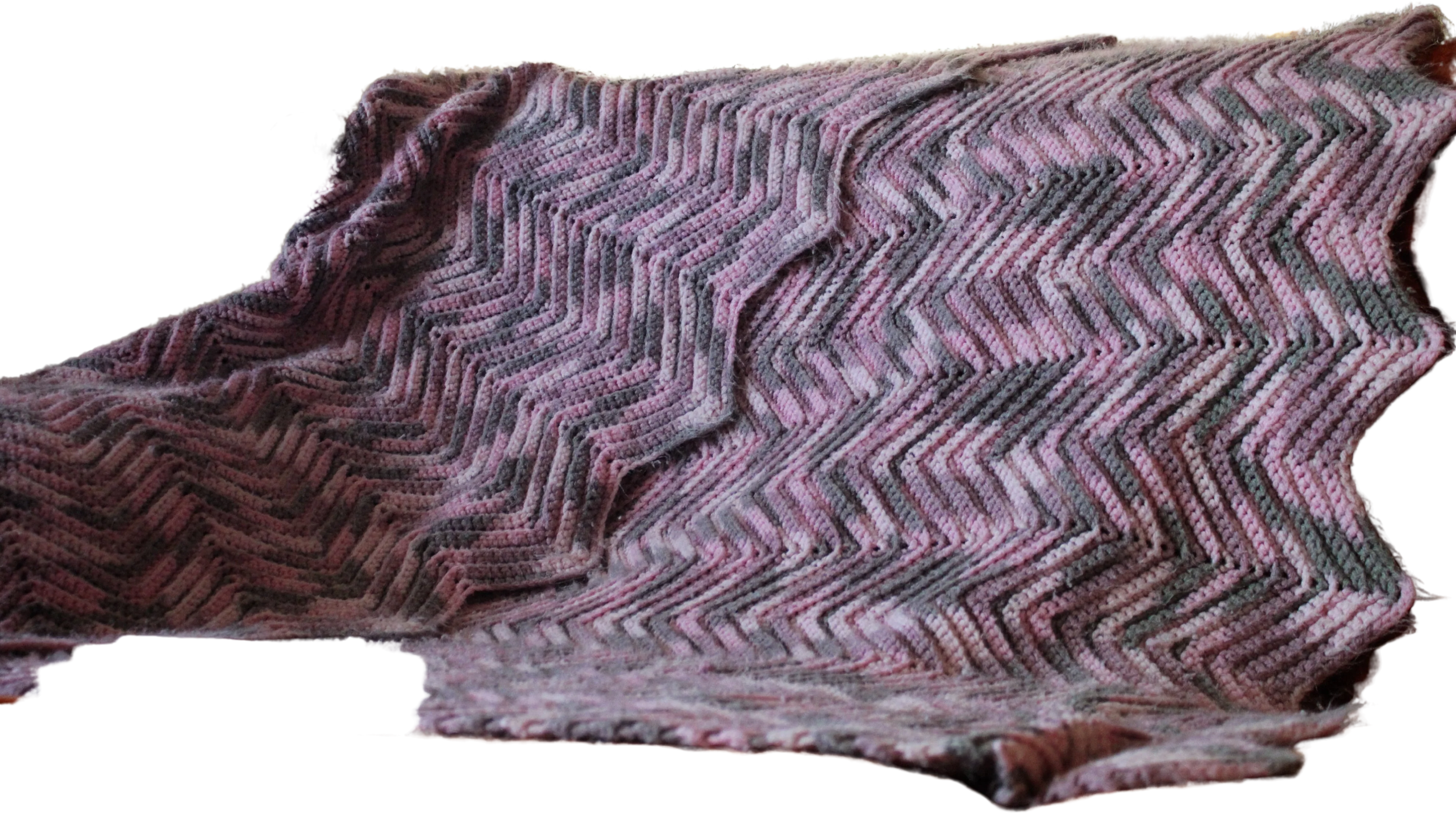 70s Pink and Gray Chevron Zig Zag Knit Afghan Super Soft