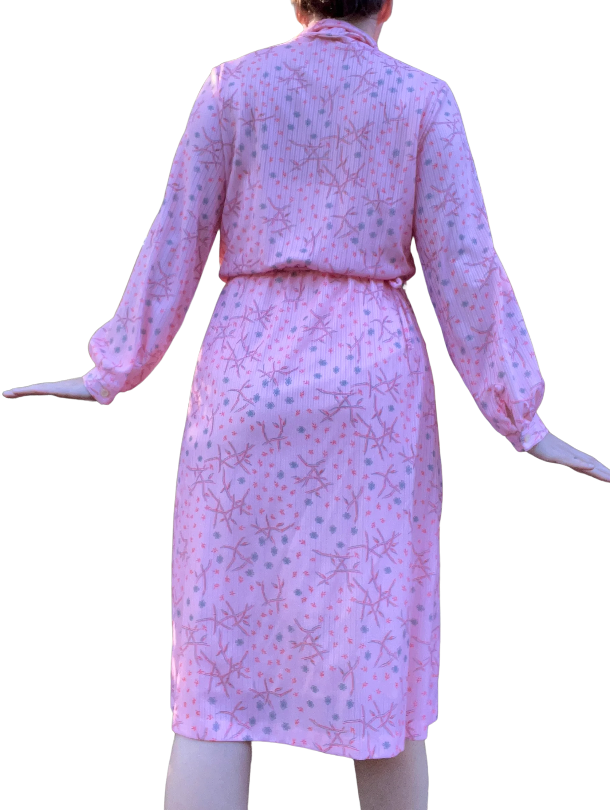 70s Pink Dress With Neck Tie And Nature Print By Nikki - Image 2