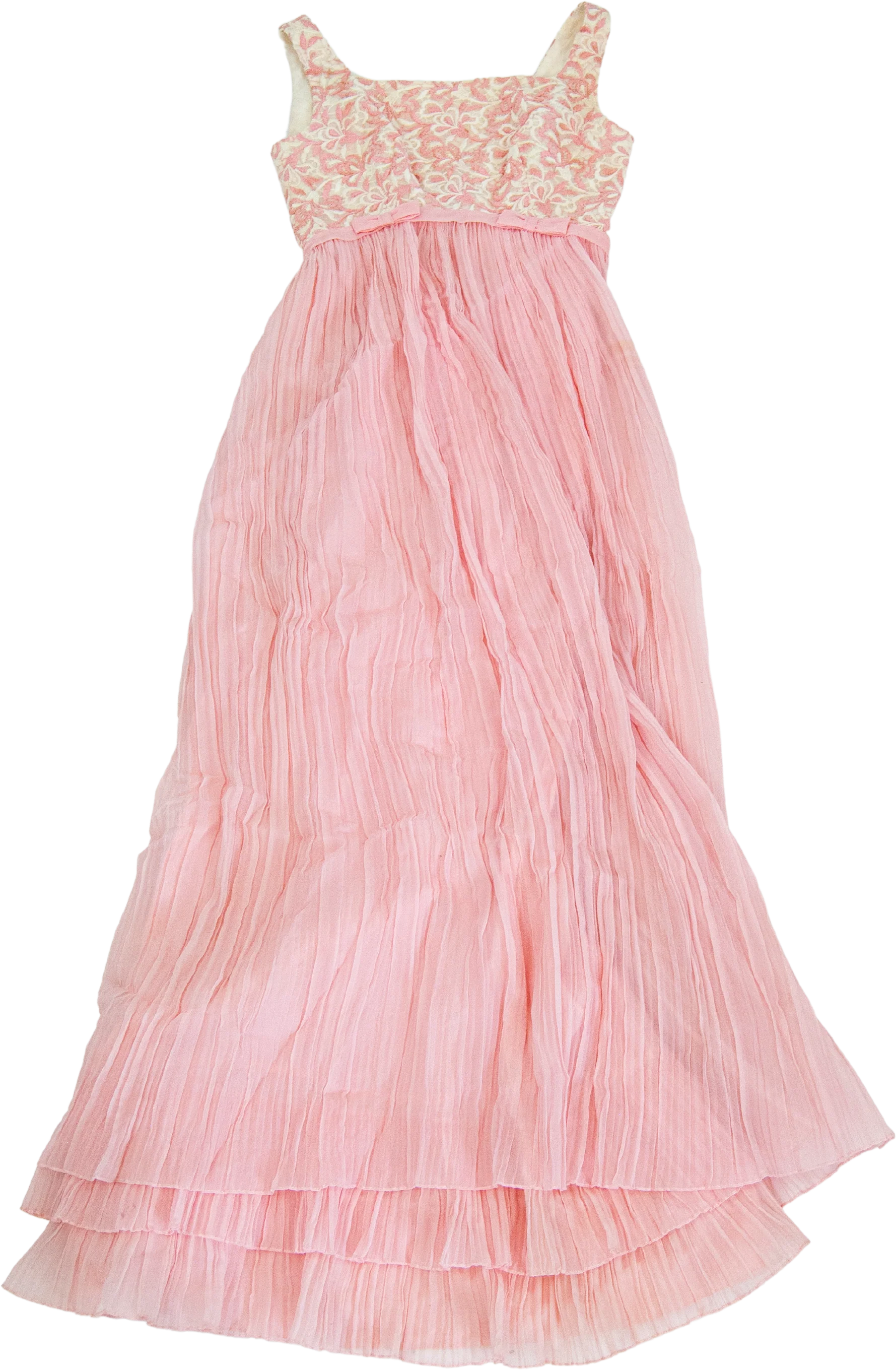 70s Pink Floral Chiffon Empire Waist Dress / Xxs Xs By Nadine
