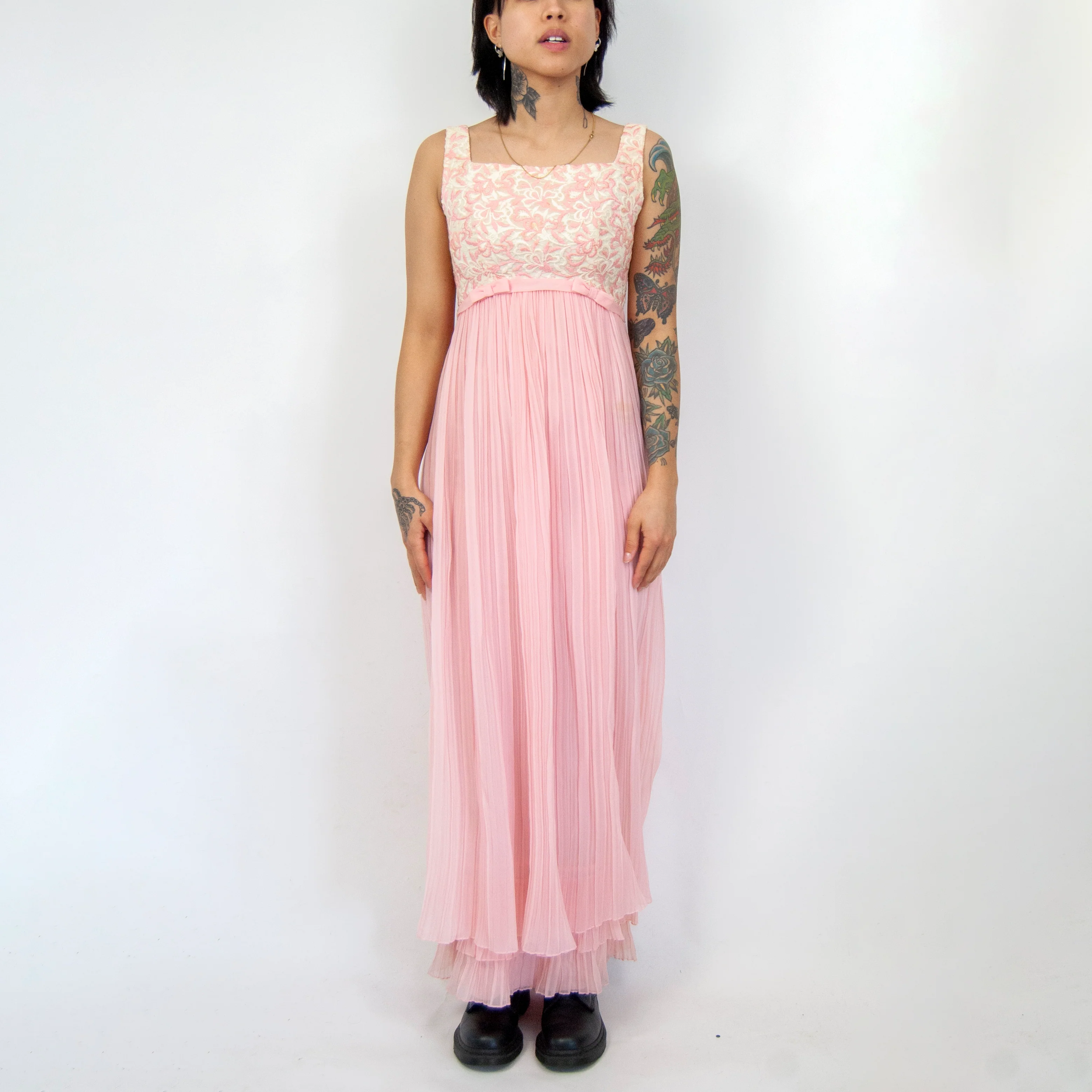 70s Pink Floral Chiffon Empire Waist Dress / Xxs Xs By Nadine - Image 3