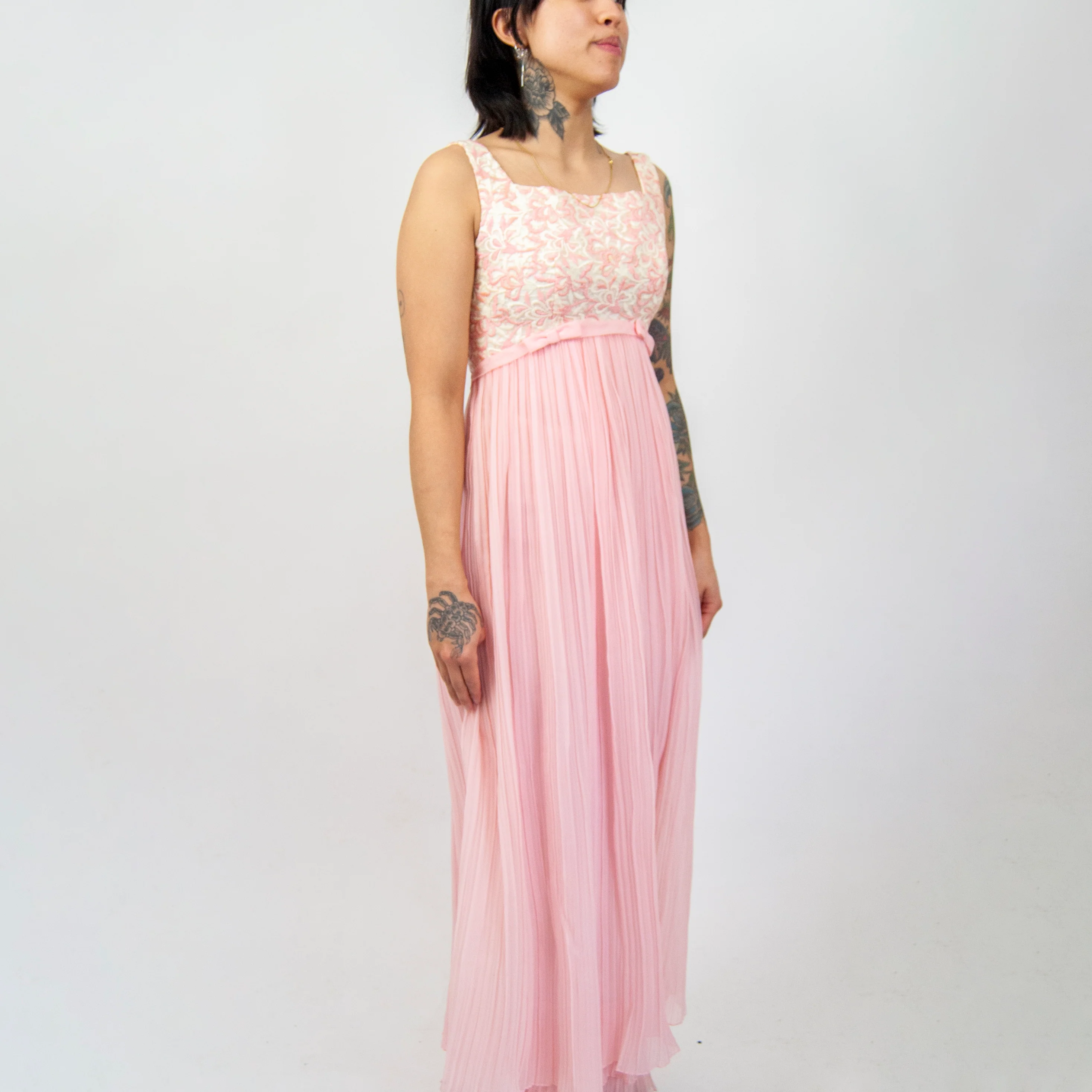 70s Pink Floral Chiffon Empire Waist Dress / Xxs Xs By Nadine - Image 4