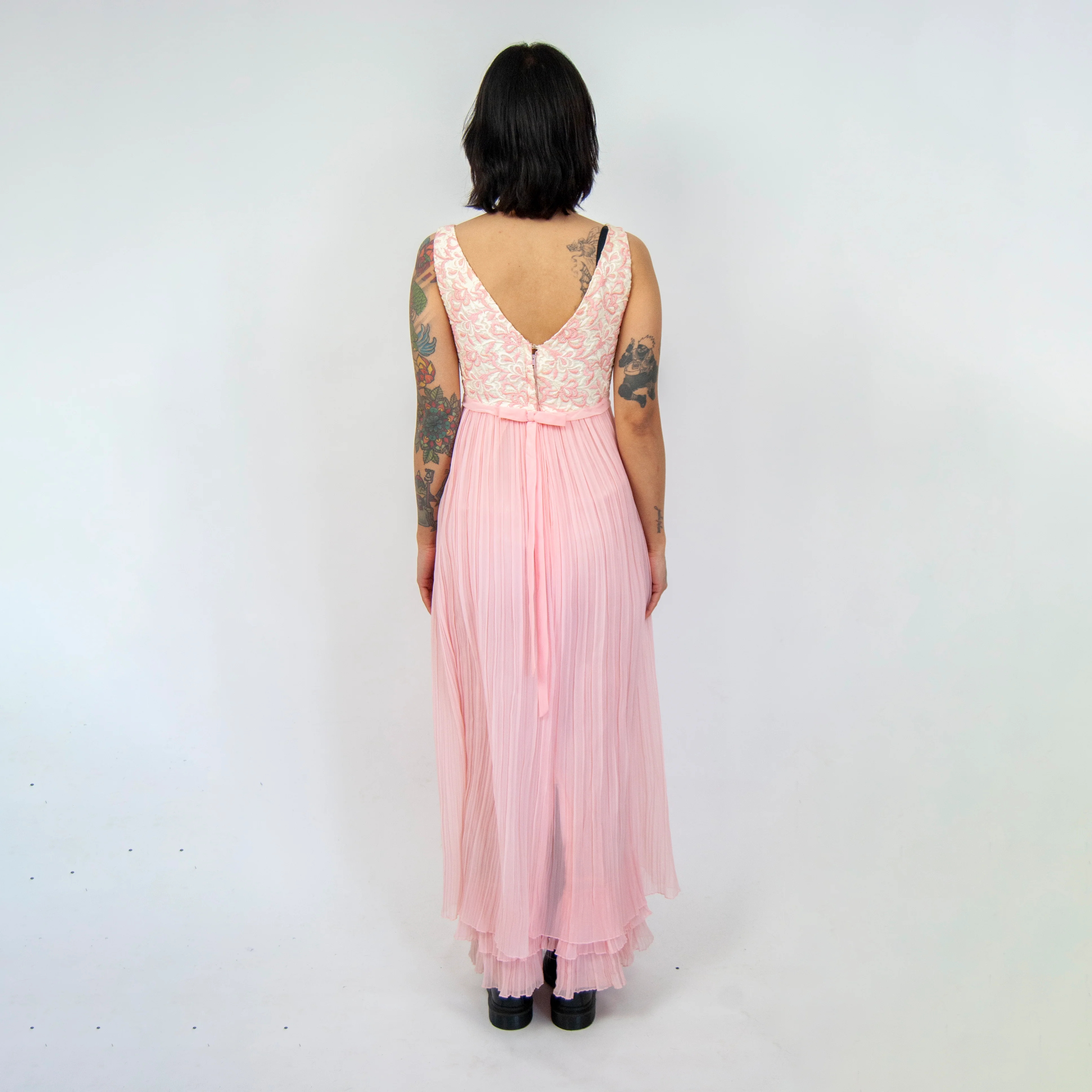 70s Pink Floral Chiffon Empire Waist Dress / Xxs Xs By Nadine - Image 5