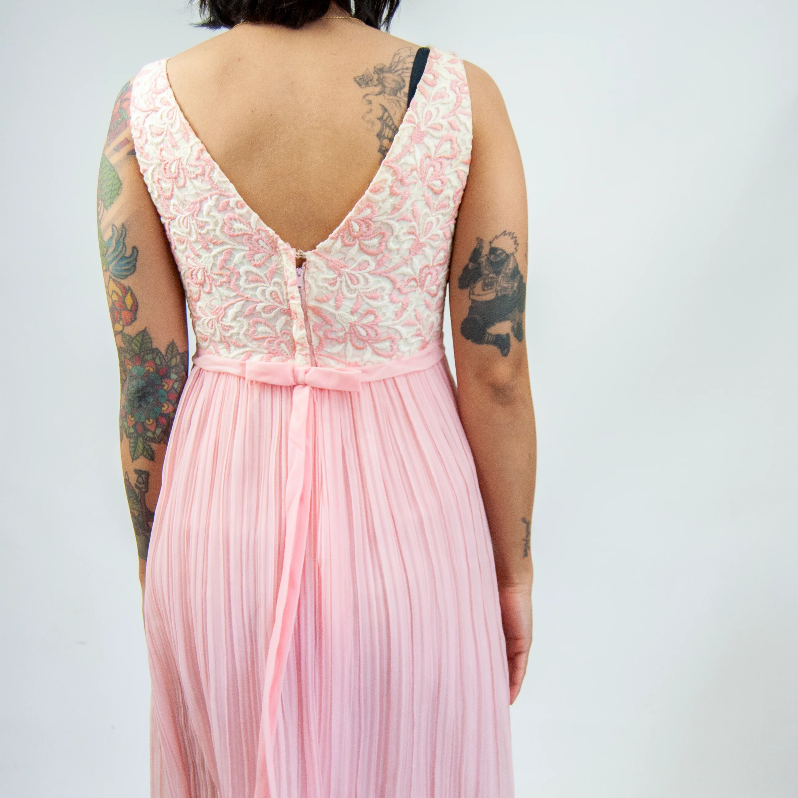 70s Pink Floral Chiffon Empire Waist Dress / Xxs Xs By Nadine - Image 6