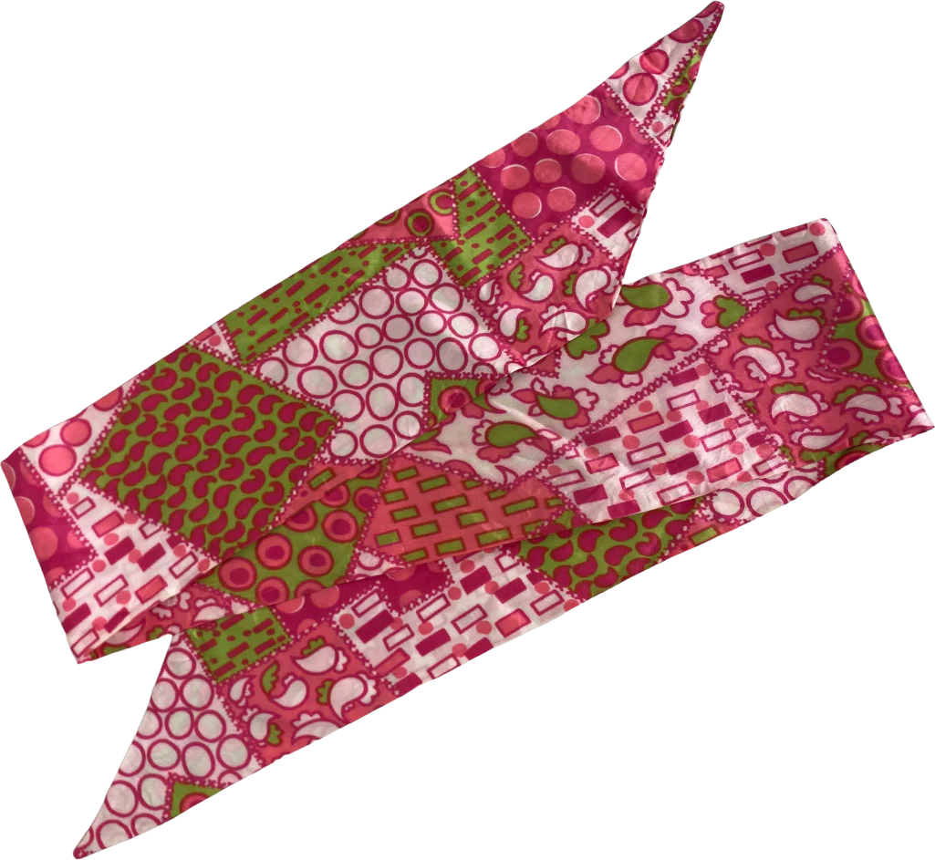70s Pink Green White Geometric Print Long Skinny Scarf