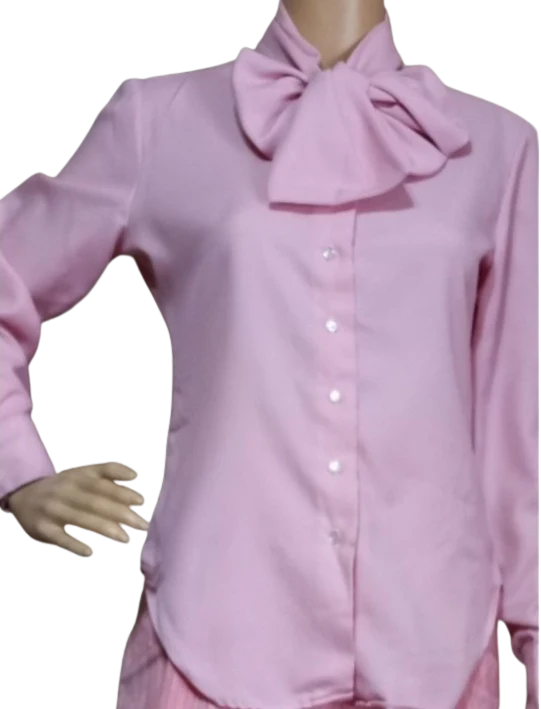 70s Pink Pussy Bow Pearl Buttons Front/sleeve Top By Ellen Tracy
