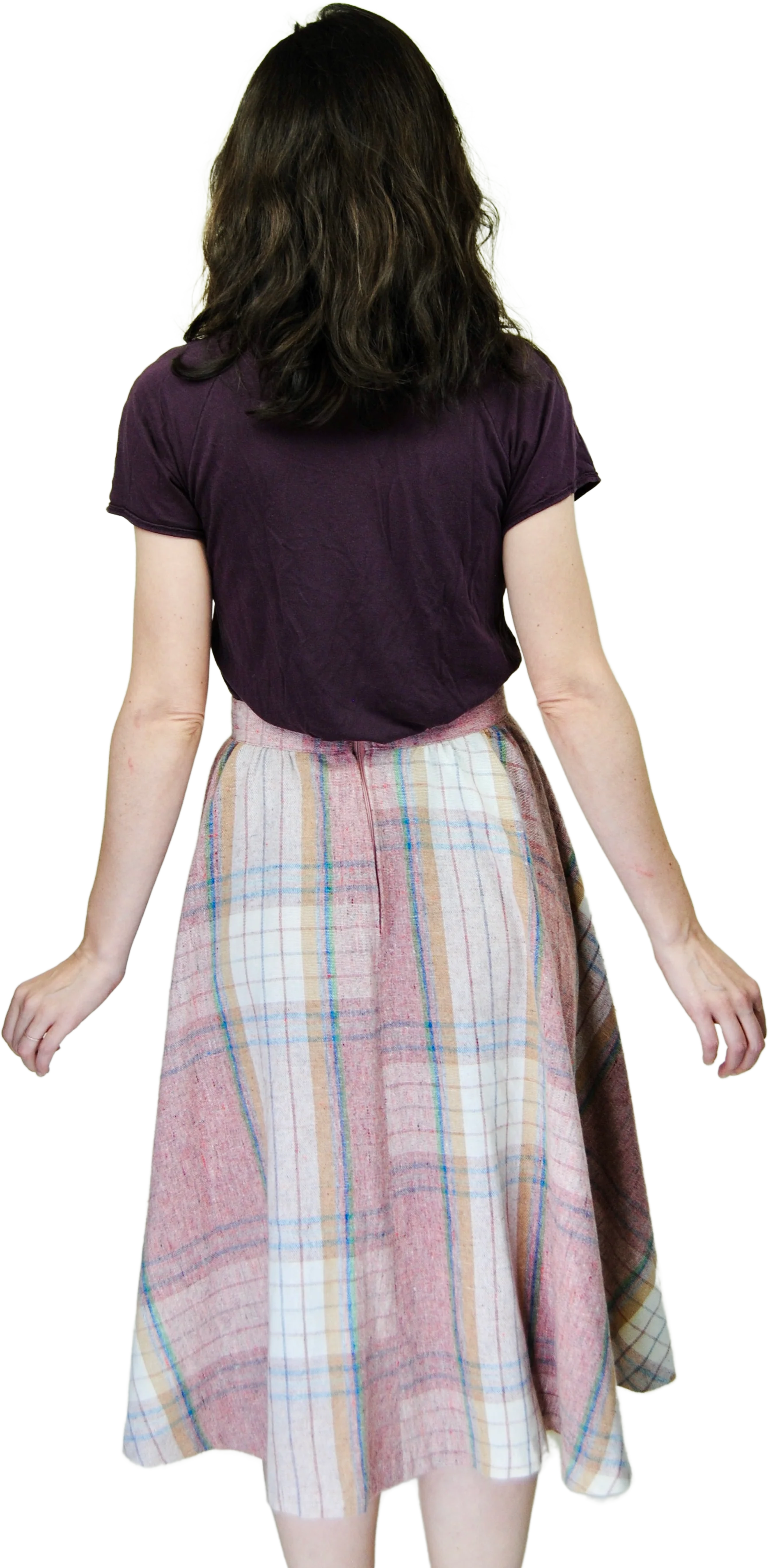 70s Pink Tone Shadow Plaid Midi Wool Skirt - Image 2