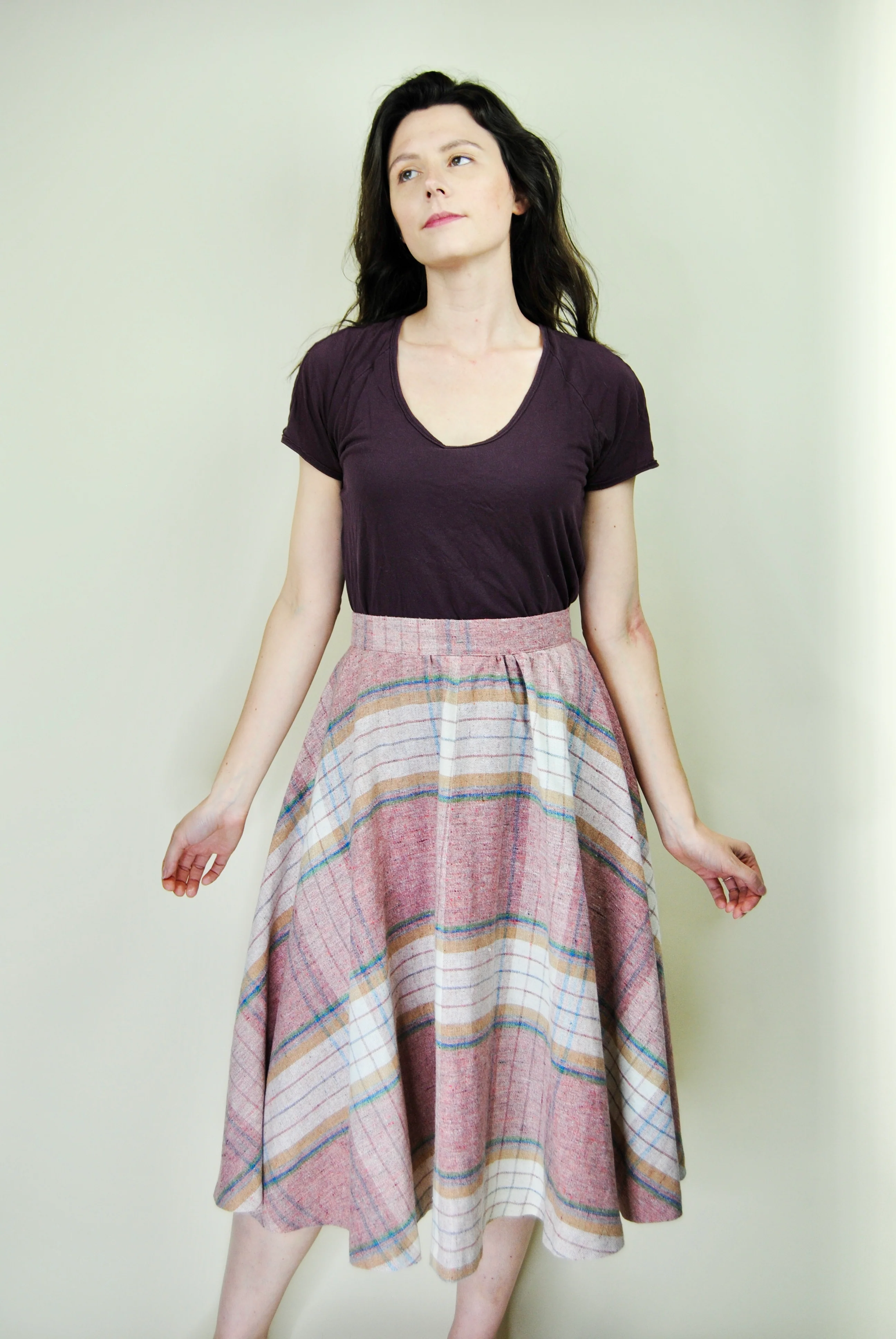 70s Pink Tone Shadow Plaid Midi Wool Skirt - Image 4