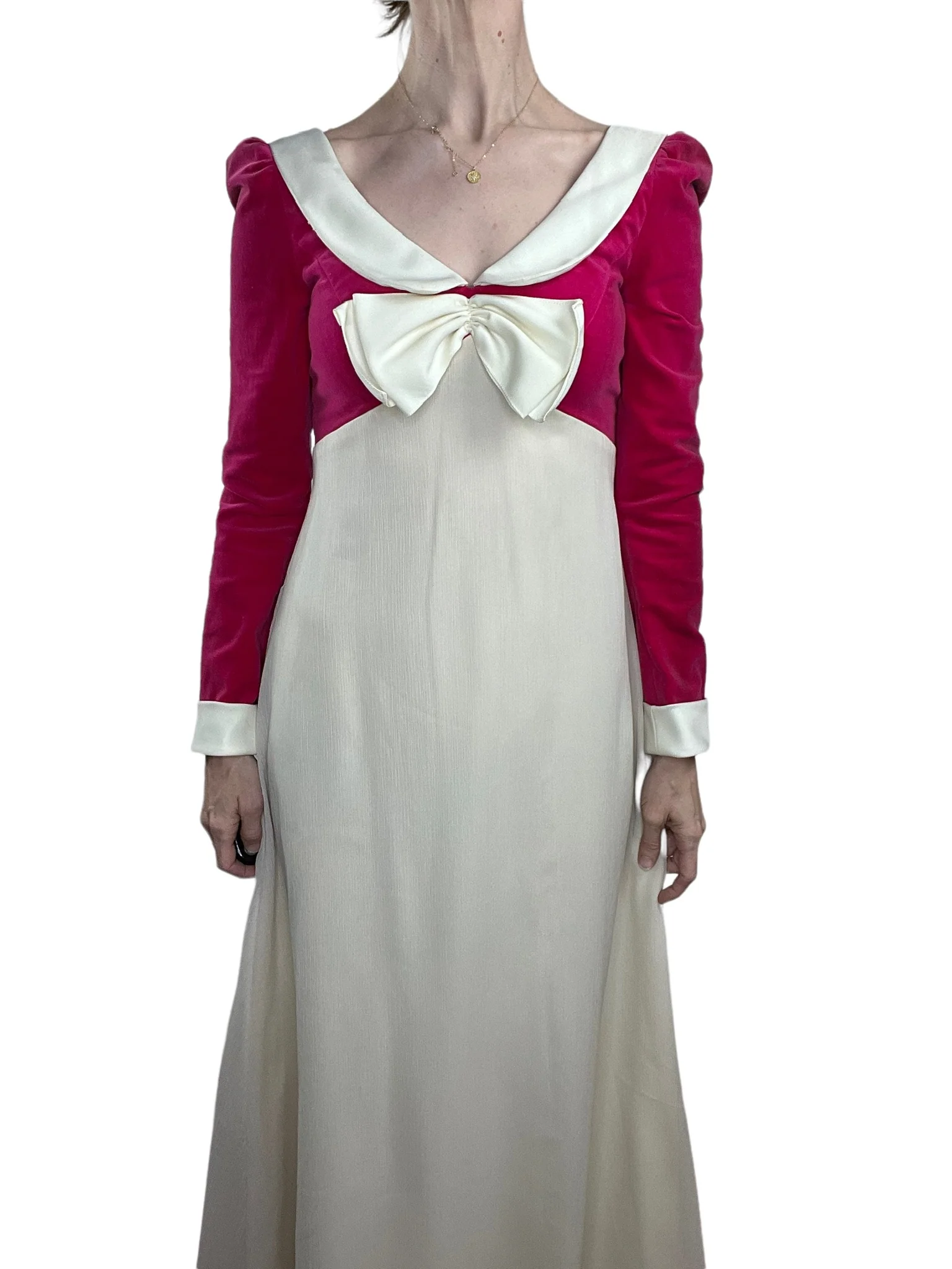 70s Pink Velvet And Cream Maxi Dress With Bow - Image 5