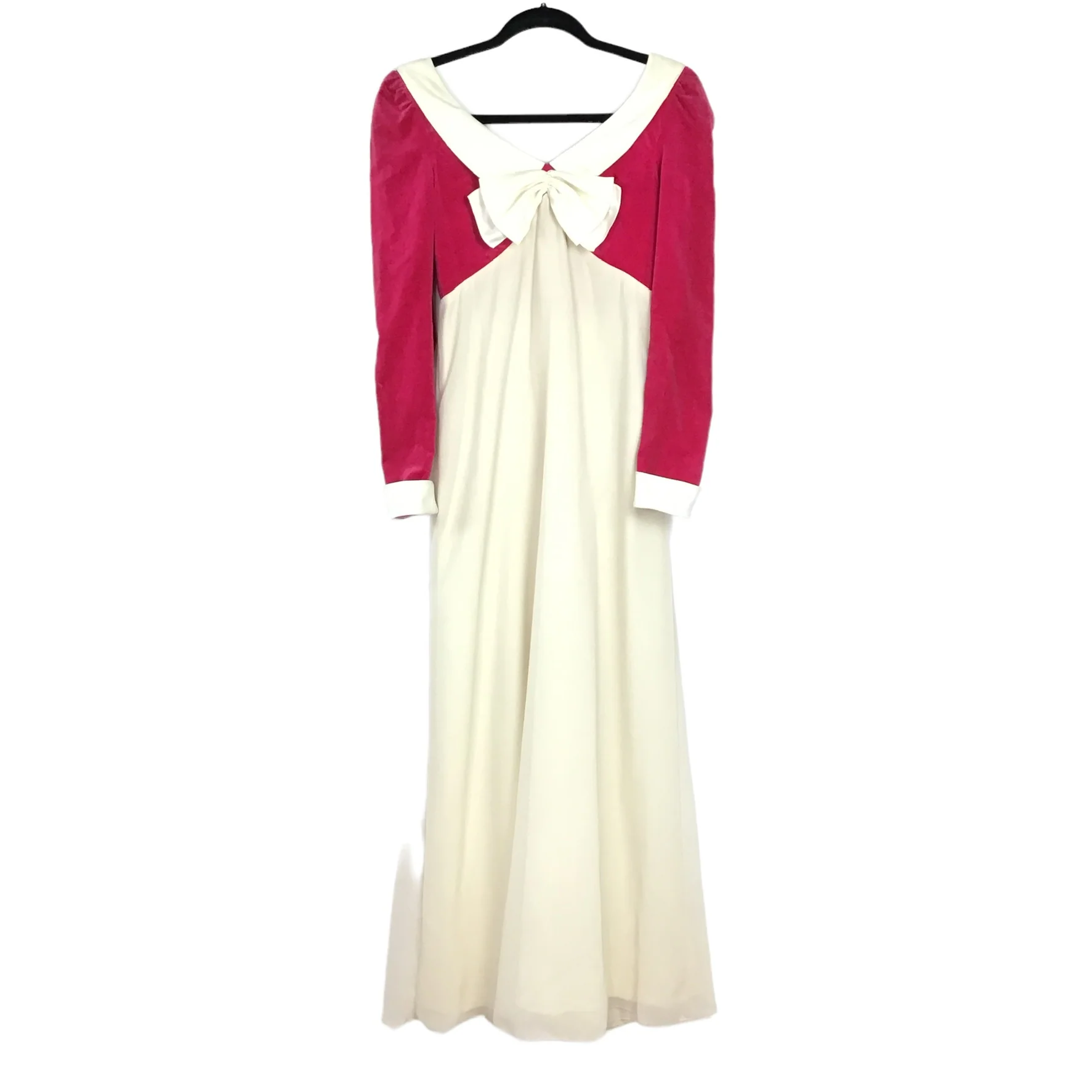 70s Pink Velvet And Cream Maxi Dress With Bow - Image 6
