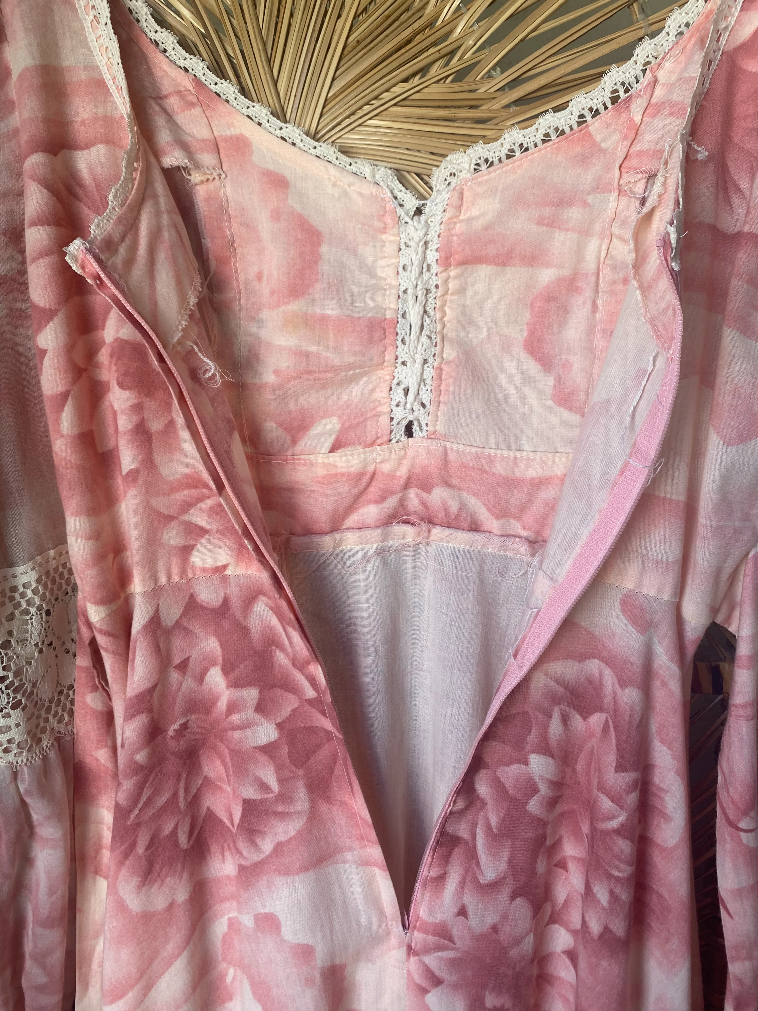 70s Pink Water Lily Boho Prairie Dress - Image 12
