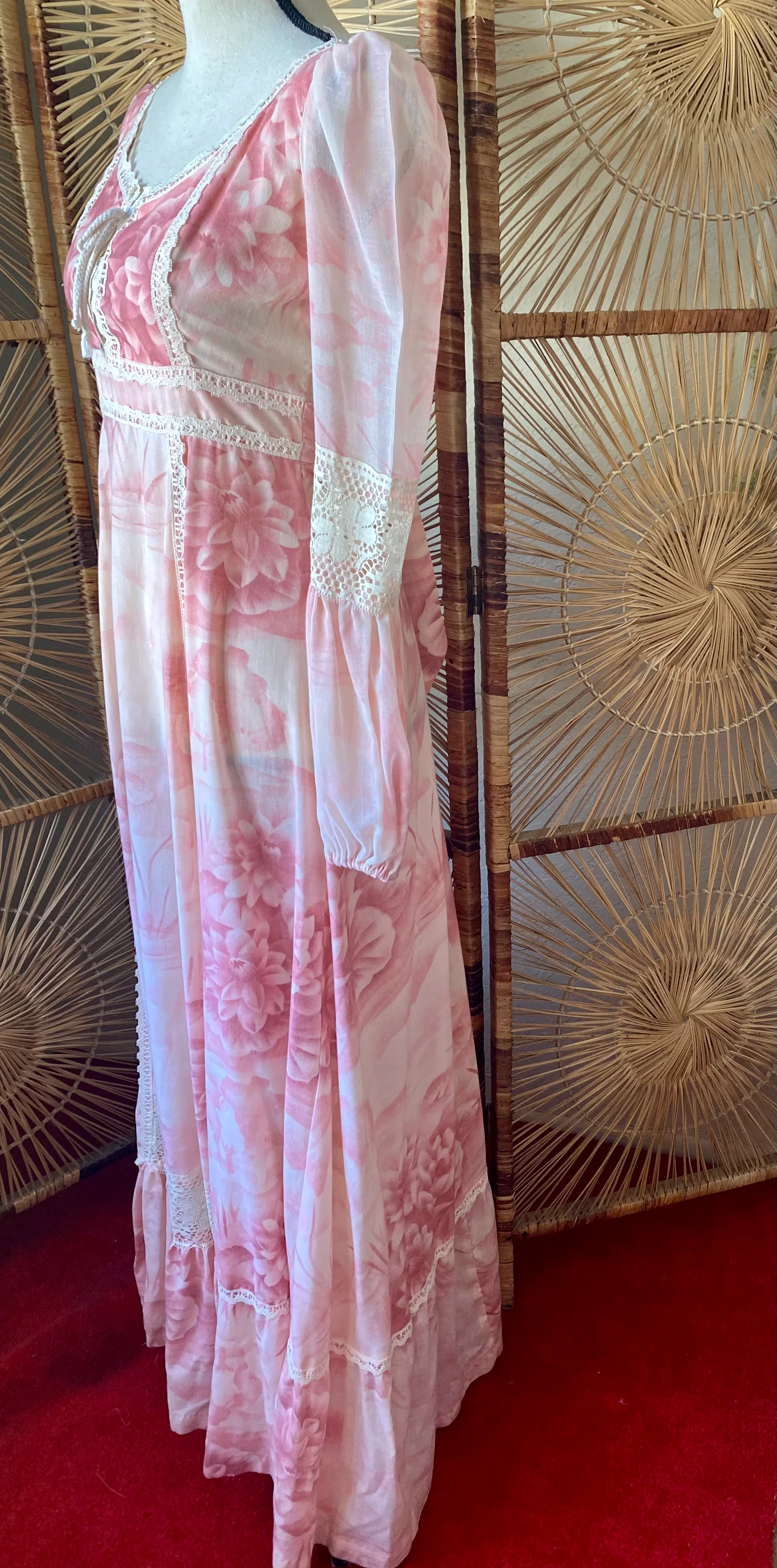 70s Pink Water Lily Boho Prairie Dress - Image 6