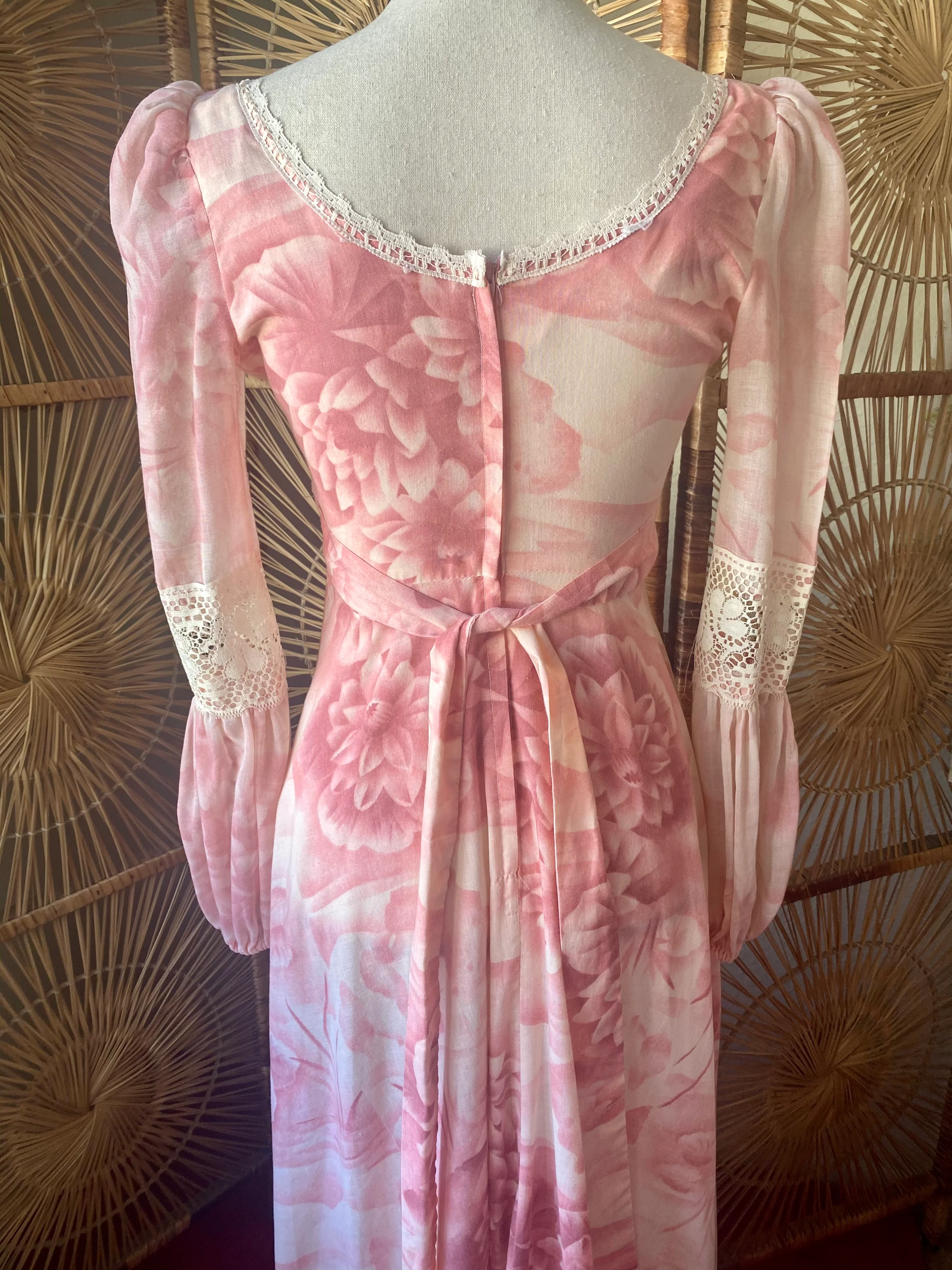 70s Pink Water Lily Boho Prairie Dress - Image 9