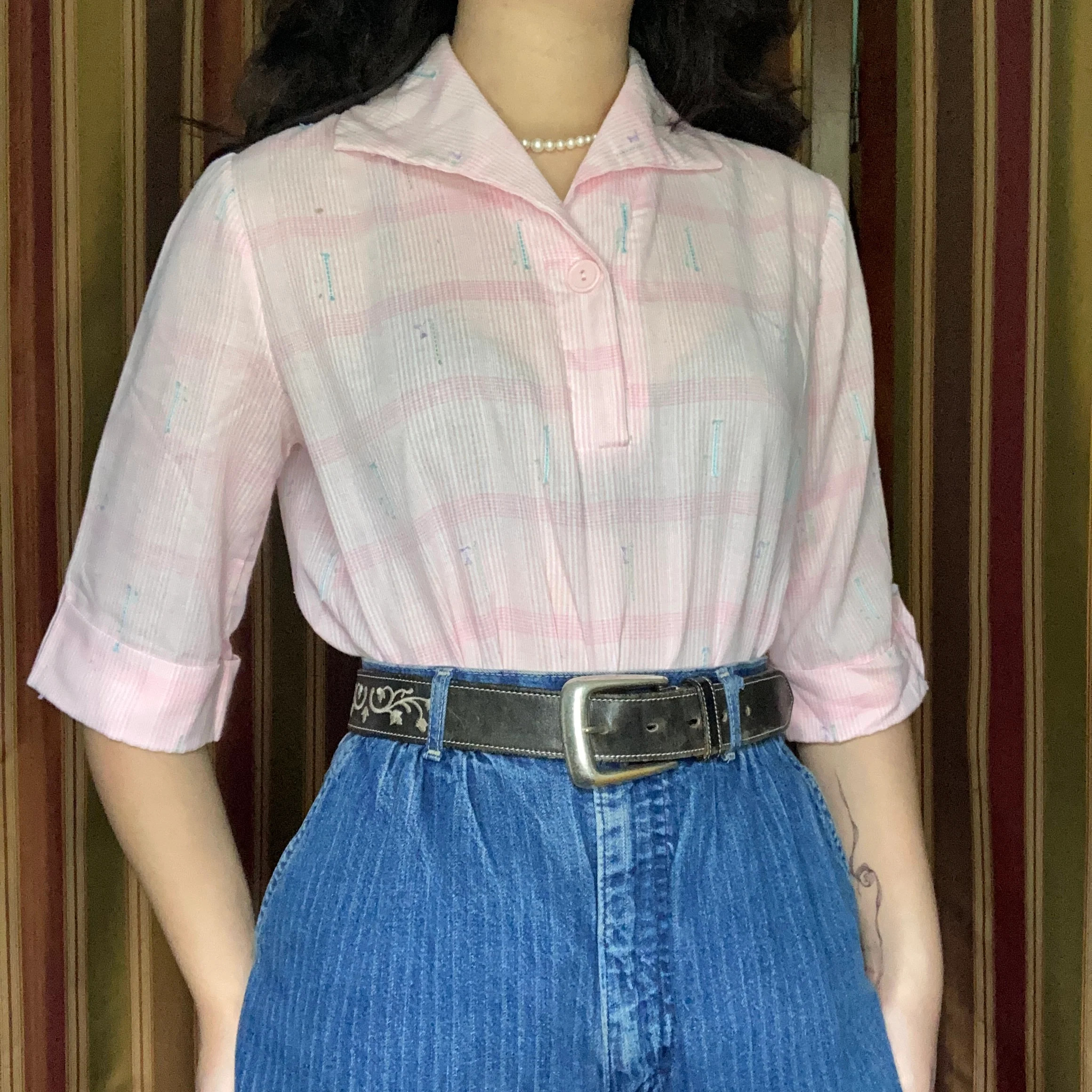 70s Plaid Collar Shirt With Pastel Embroidery Applique By Addition I I - Image 2