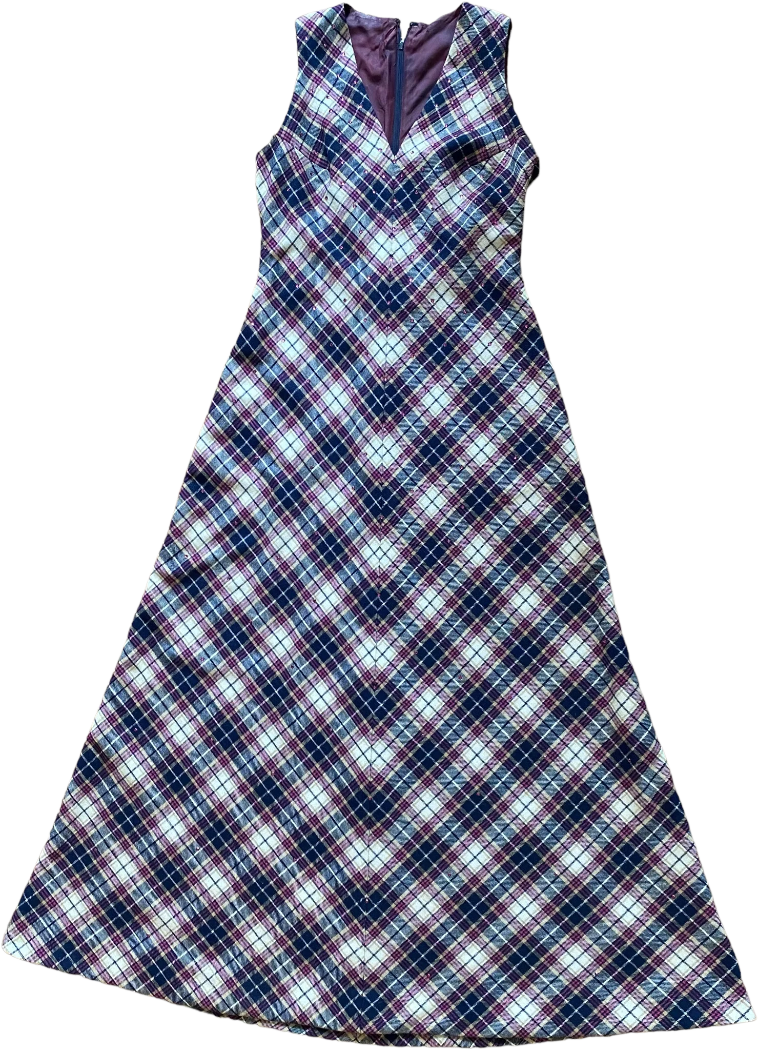 70s Plaid Maxi Dress With Amethyst Rhinestones