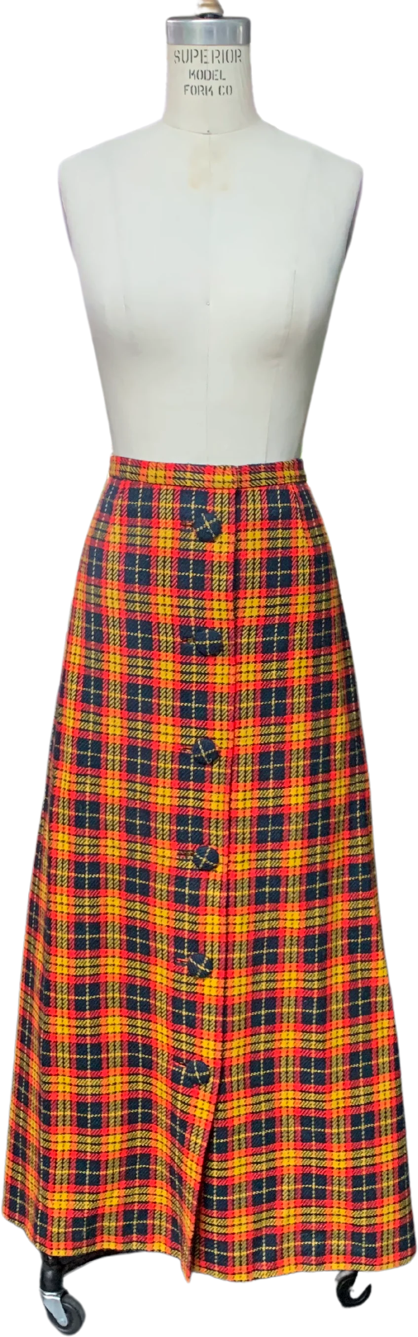 70s Plus Size Acrylic Plaid Button Front Maxi Skirt