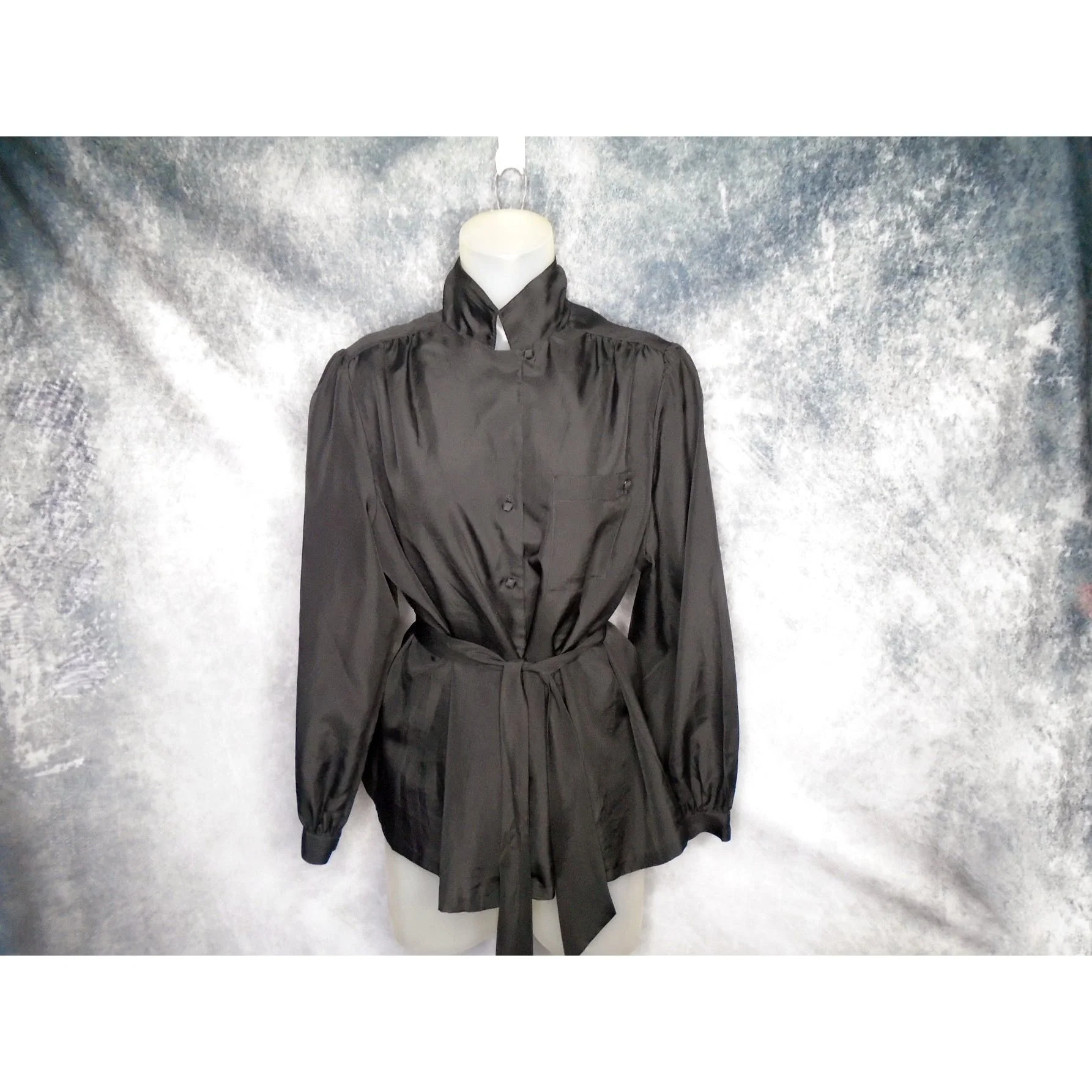 70s Plus Size Black Blouse Tie Belt, Balloon Sleeves By Lady Manhattan - Image 11