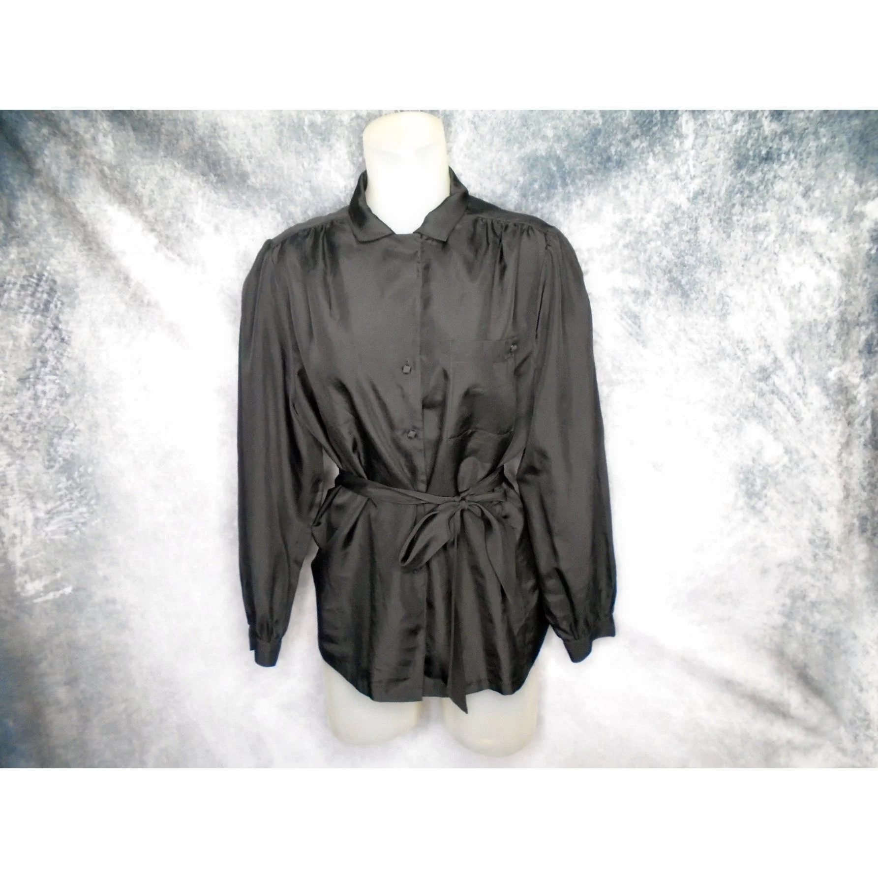 70s Plus Size Black Blouse Tie Belt, Balloon Sleeves By Lady Manhattan - Image 7