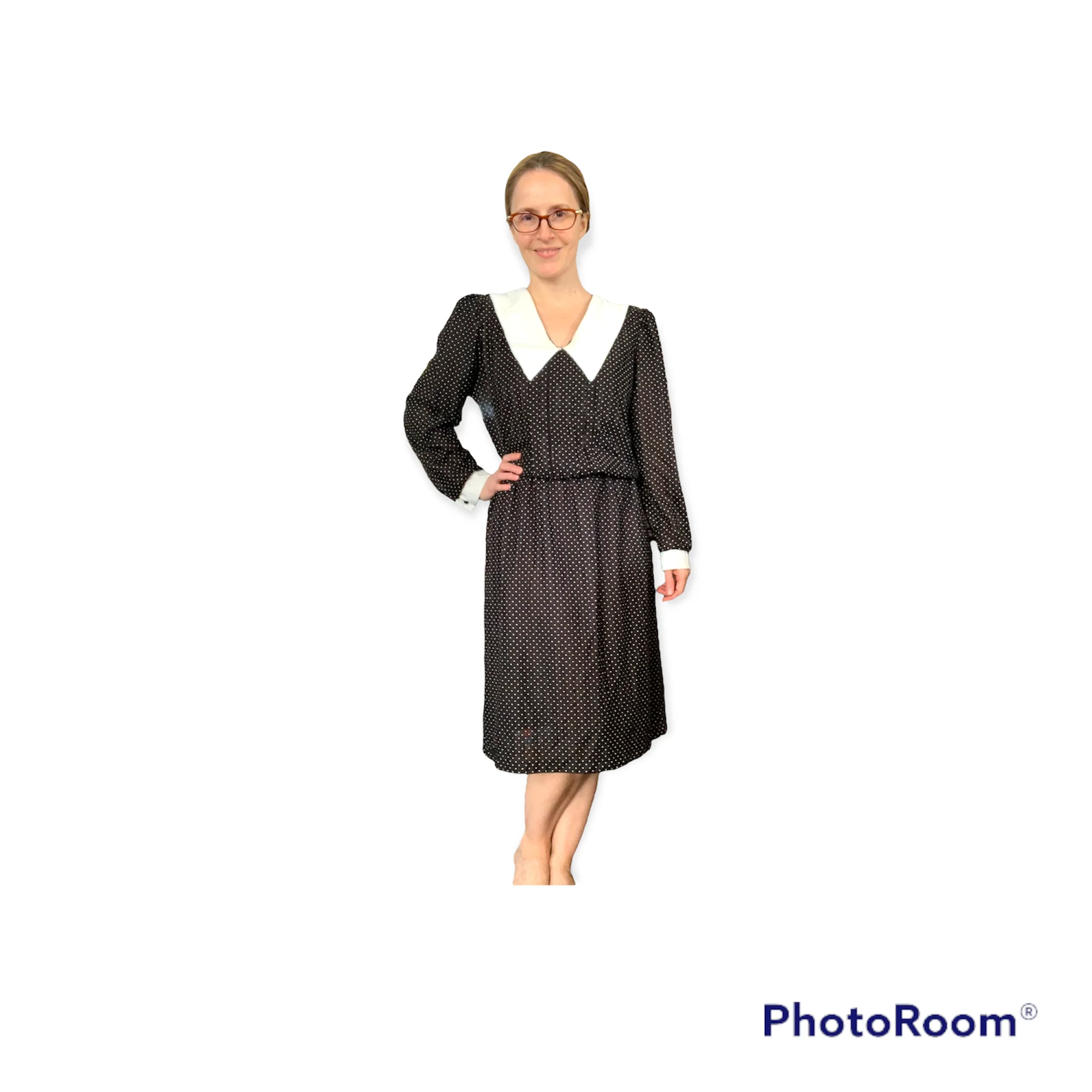 70s Pointed Collar Dress Secretary Black Polka Dot By Just Ducky - Image 3