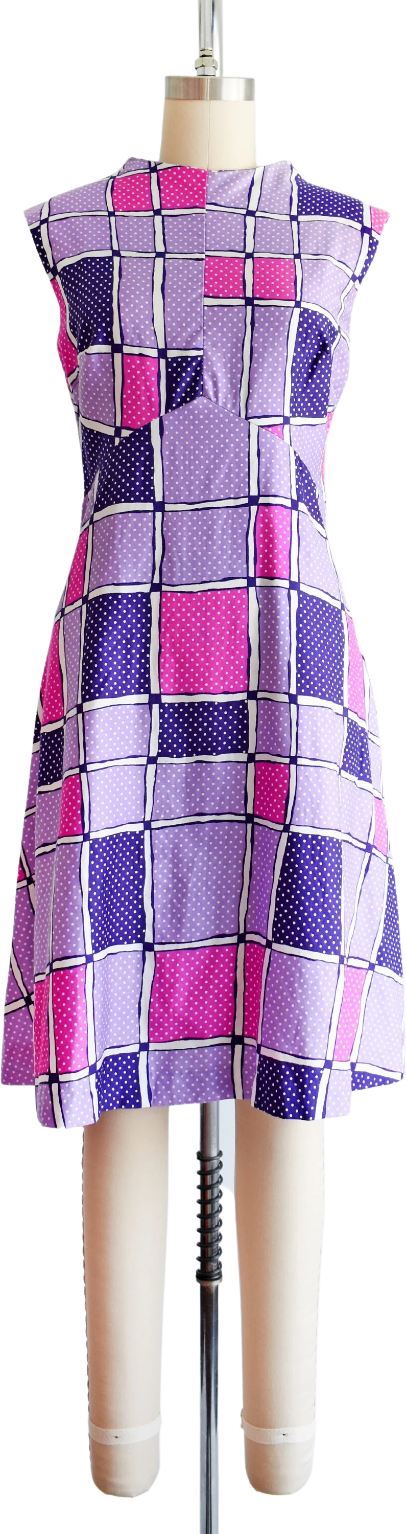 70s Polka Dot and Squares Dress Vintage 70s Dress, Pink and Purple Mod Geometric Cotton Dress, Medium Large