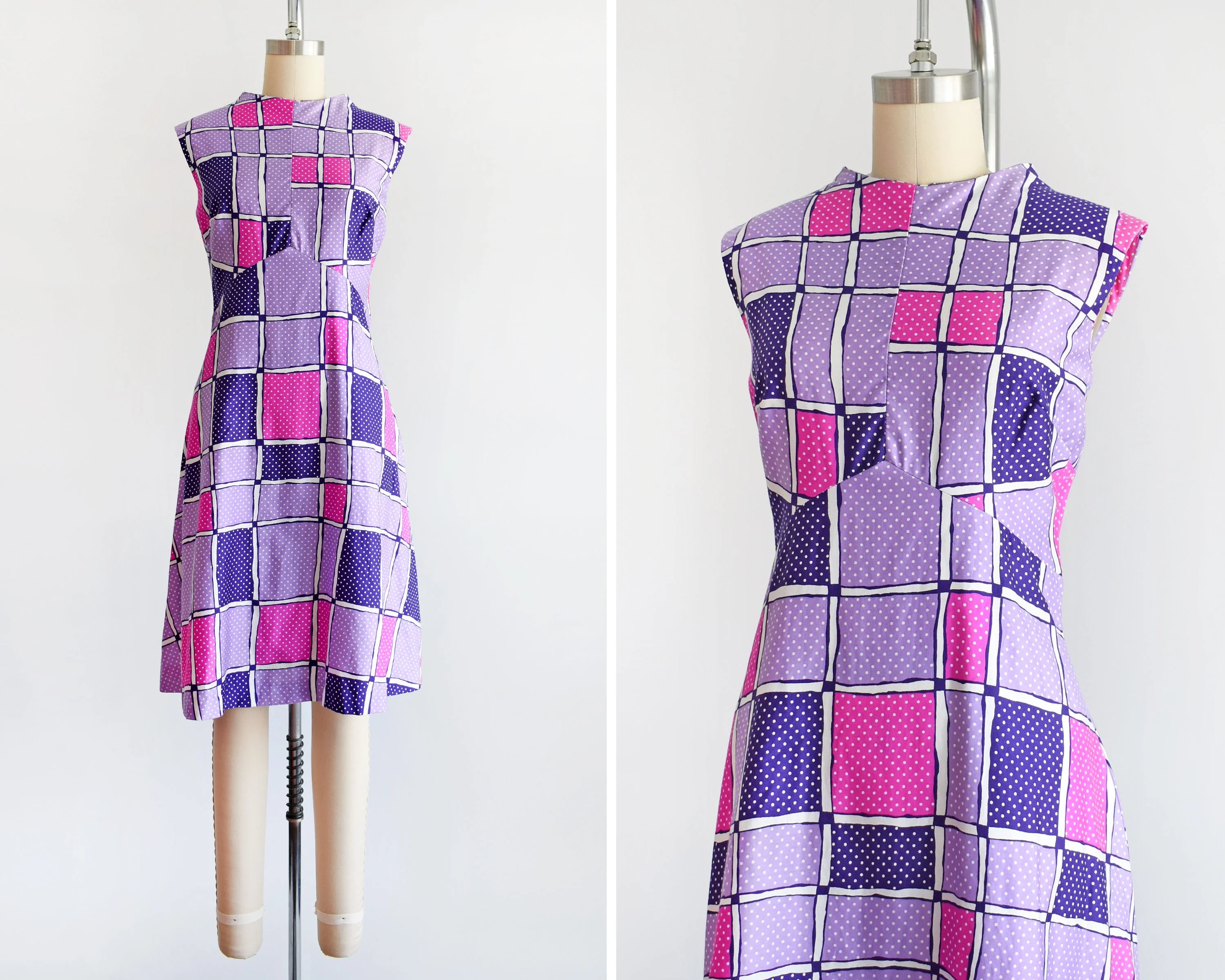 70s Polka Dot and Squares Dress Vintage 70s Dress, Pink and Purple Mod Geometric Cotton Dress, Medium Large - Image 2