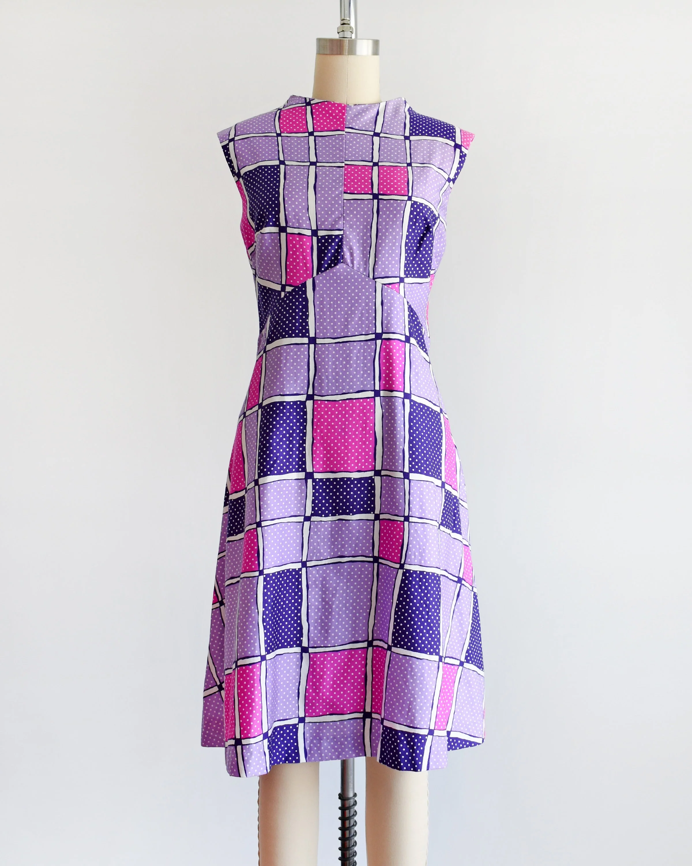 70s Polka Dot and Squares Dress Vintage 70s Dress, Pink and Purple Mod Geometric Cotton Dress, Medium Large - Image 3