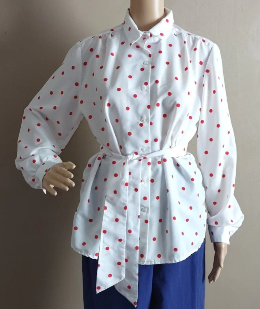70's Polka Dot Blouse and Blue Pants Set by Pepperdine And Alfred Dunner - Image 3