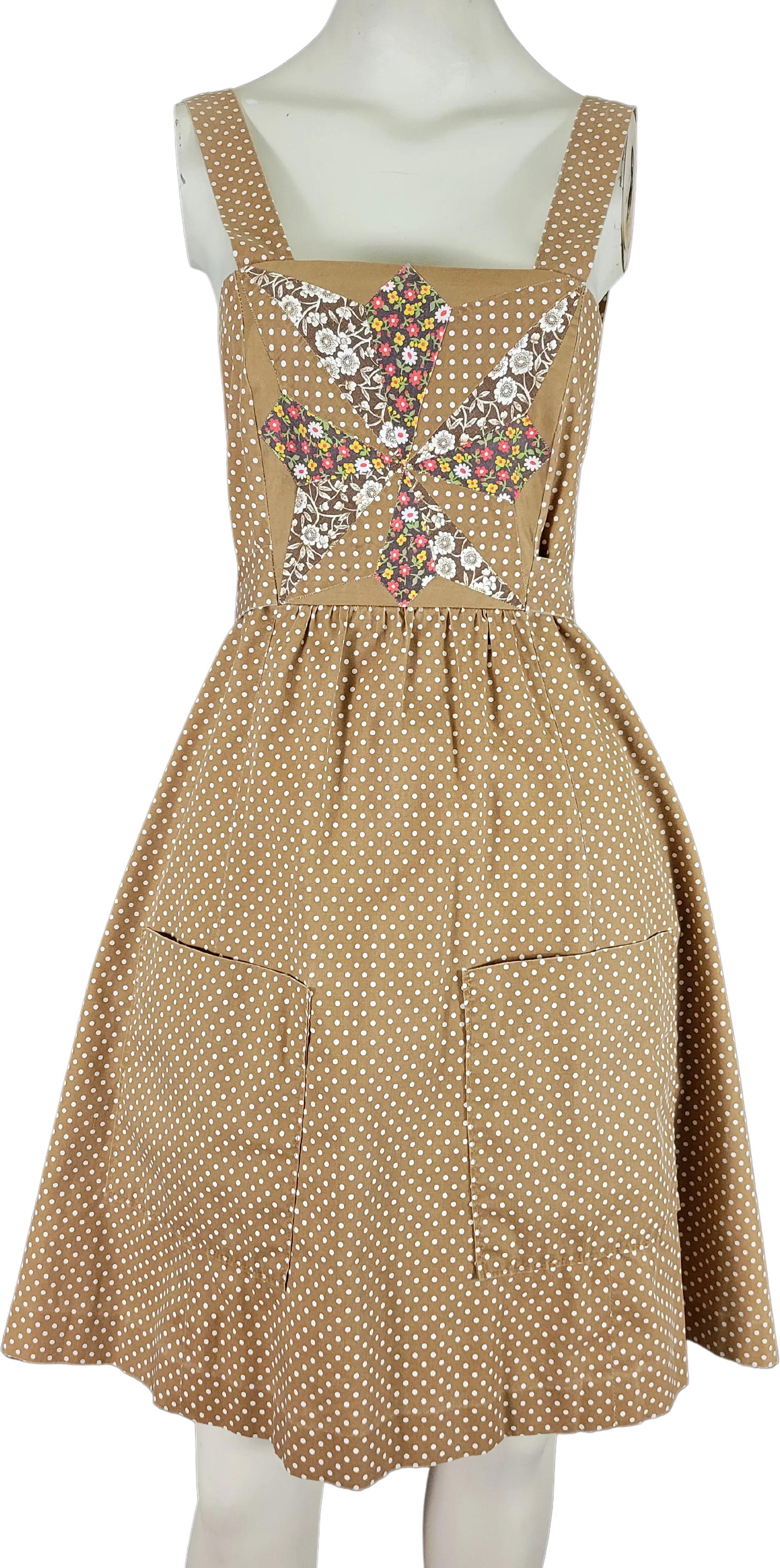 70s Polka Dot Floral Patchwork Pinafore Dress