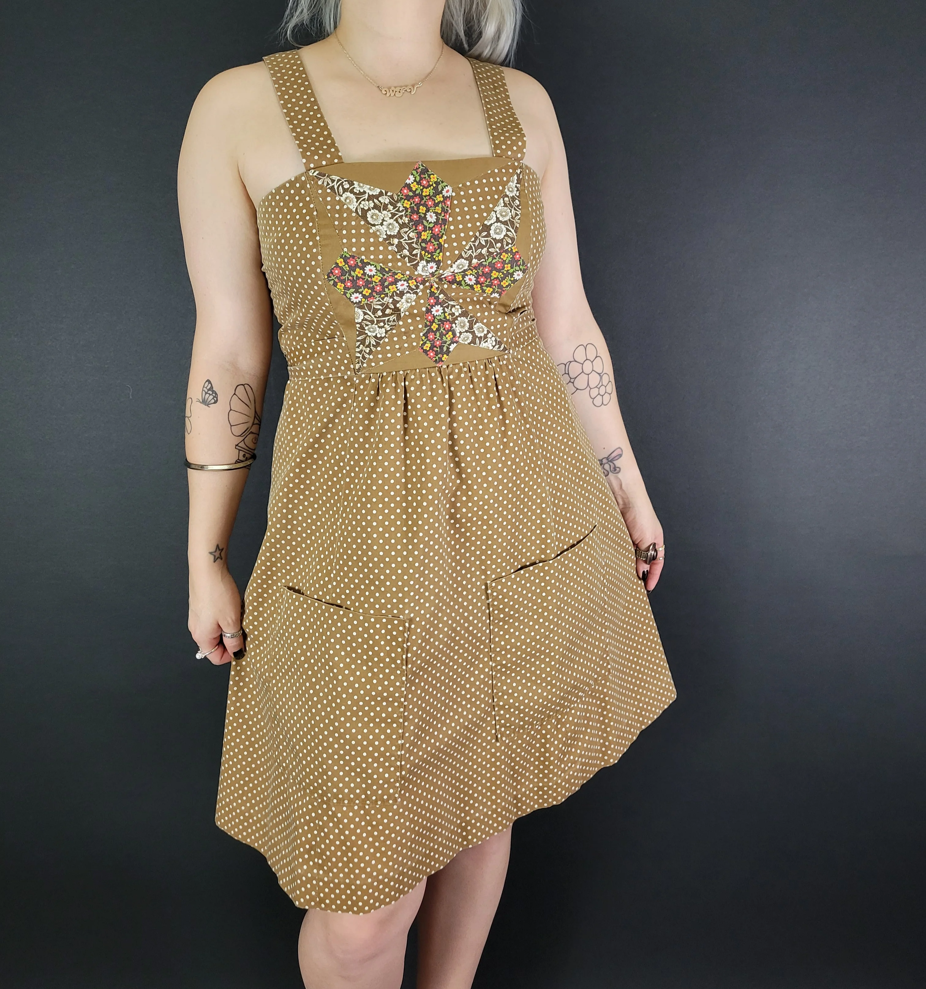 70s Polka Dot Floral Patchwork Pinafore Dress - Image 3