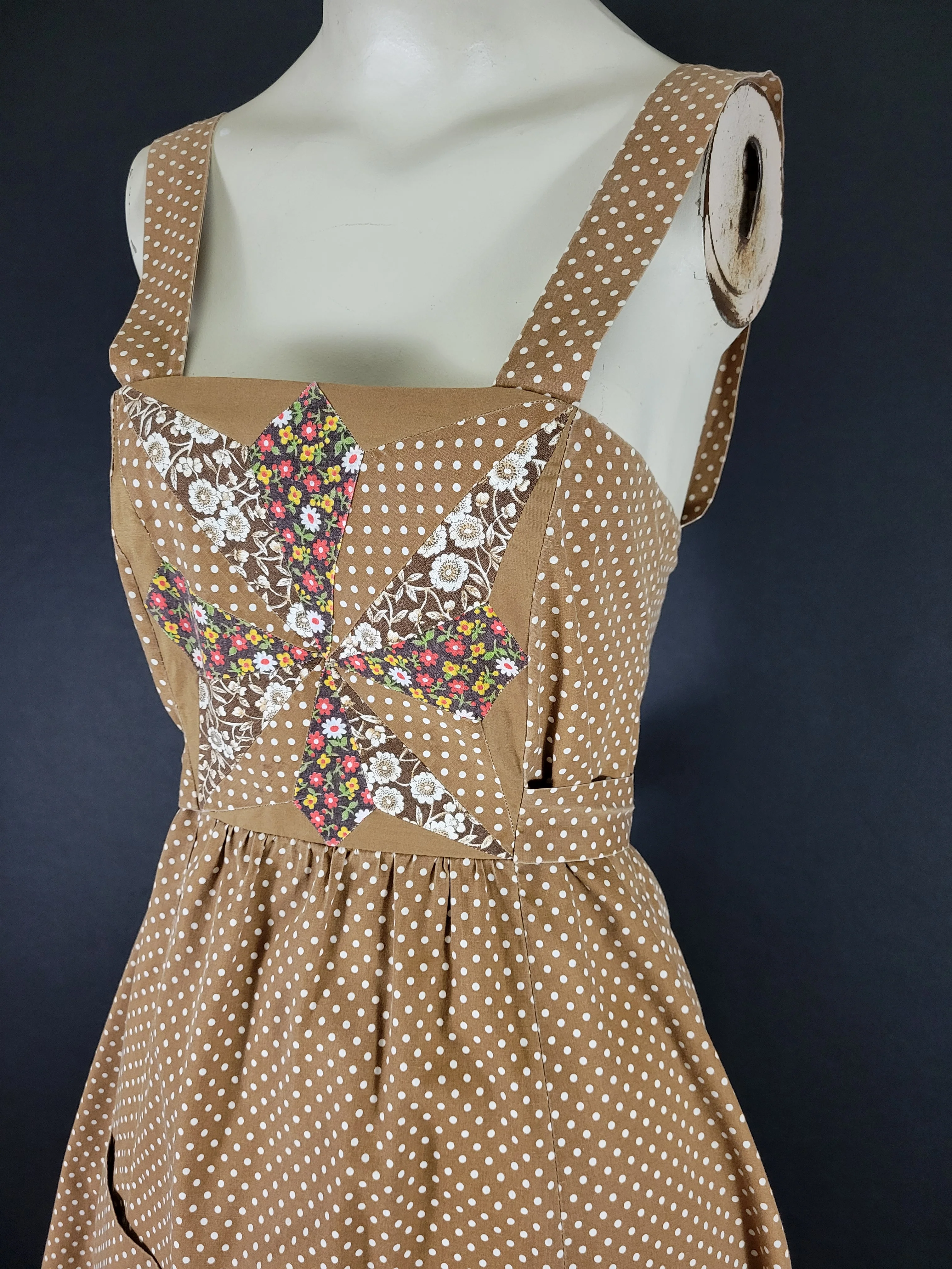 70s Polka Dot Floral Patchwork Pinafore Dress - Image 4