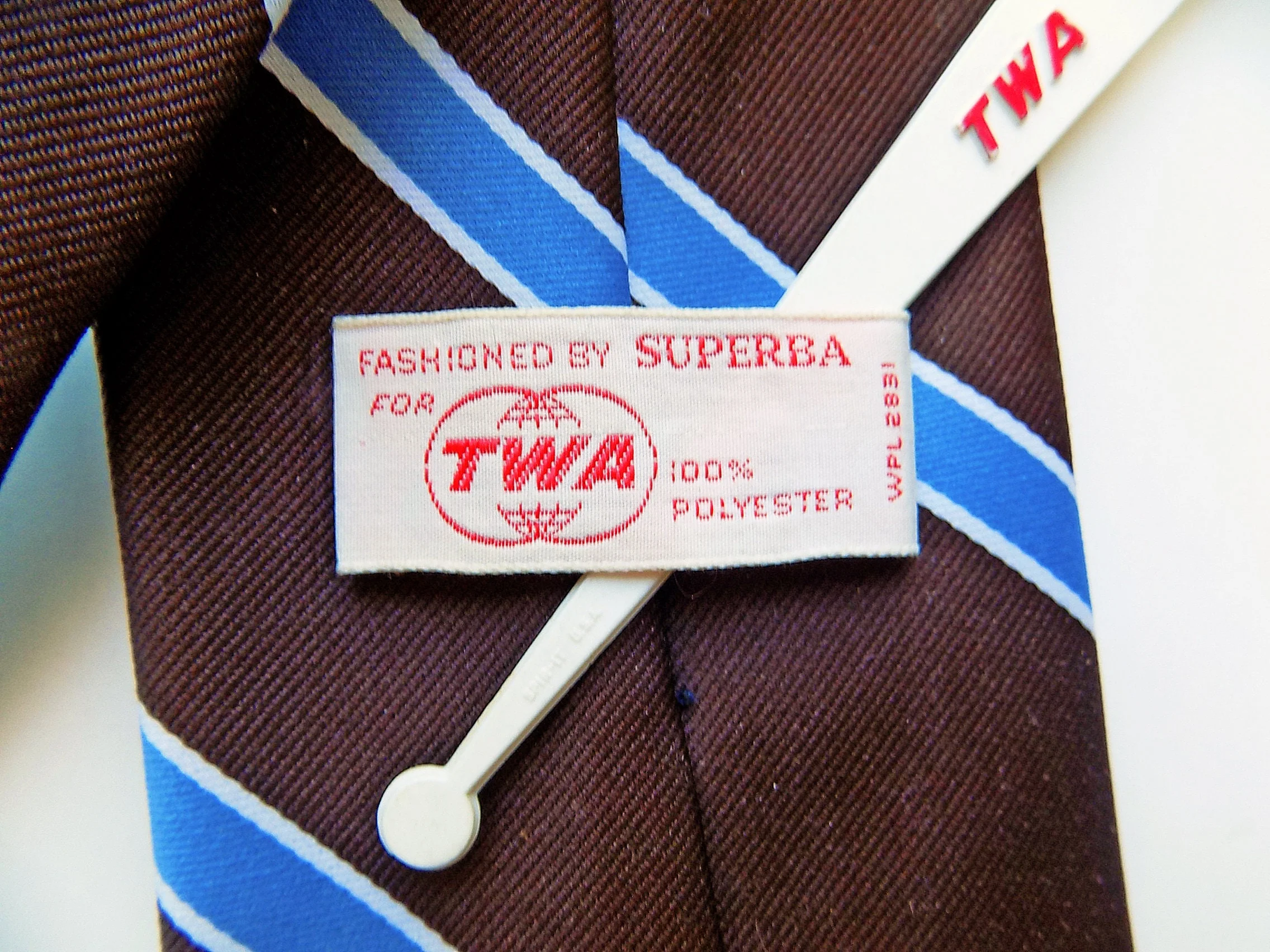 70s Polyester Twa Wide Tie with Swizzle Stick Brown and Blue Striped Airline Aviation Trans World Airlines by Superba - Image 2