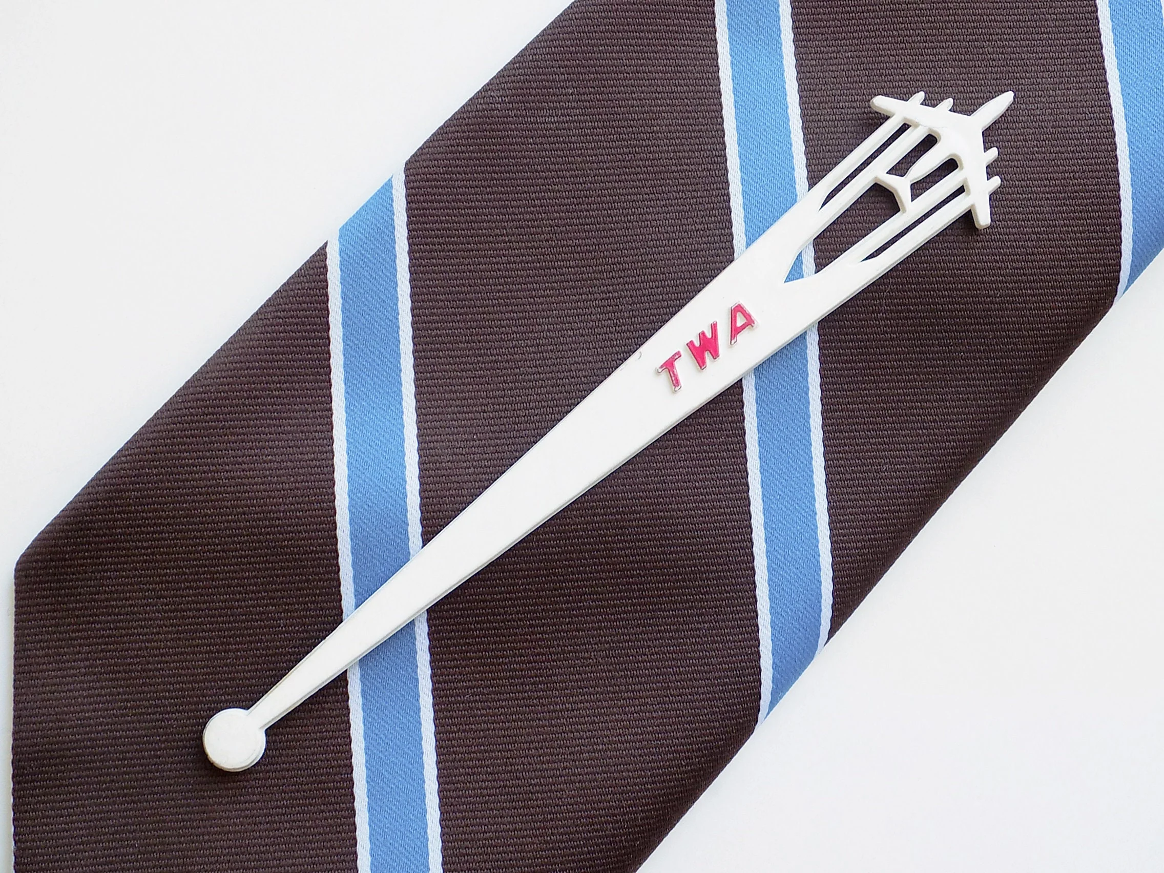 70s Polyester Twa Wide Tie with Swizzle Stick Brown and Blue Striped Airline Aviation Trans World Airlines by Superba - Image 3
