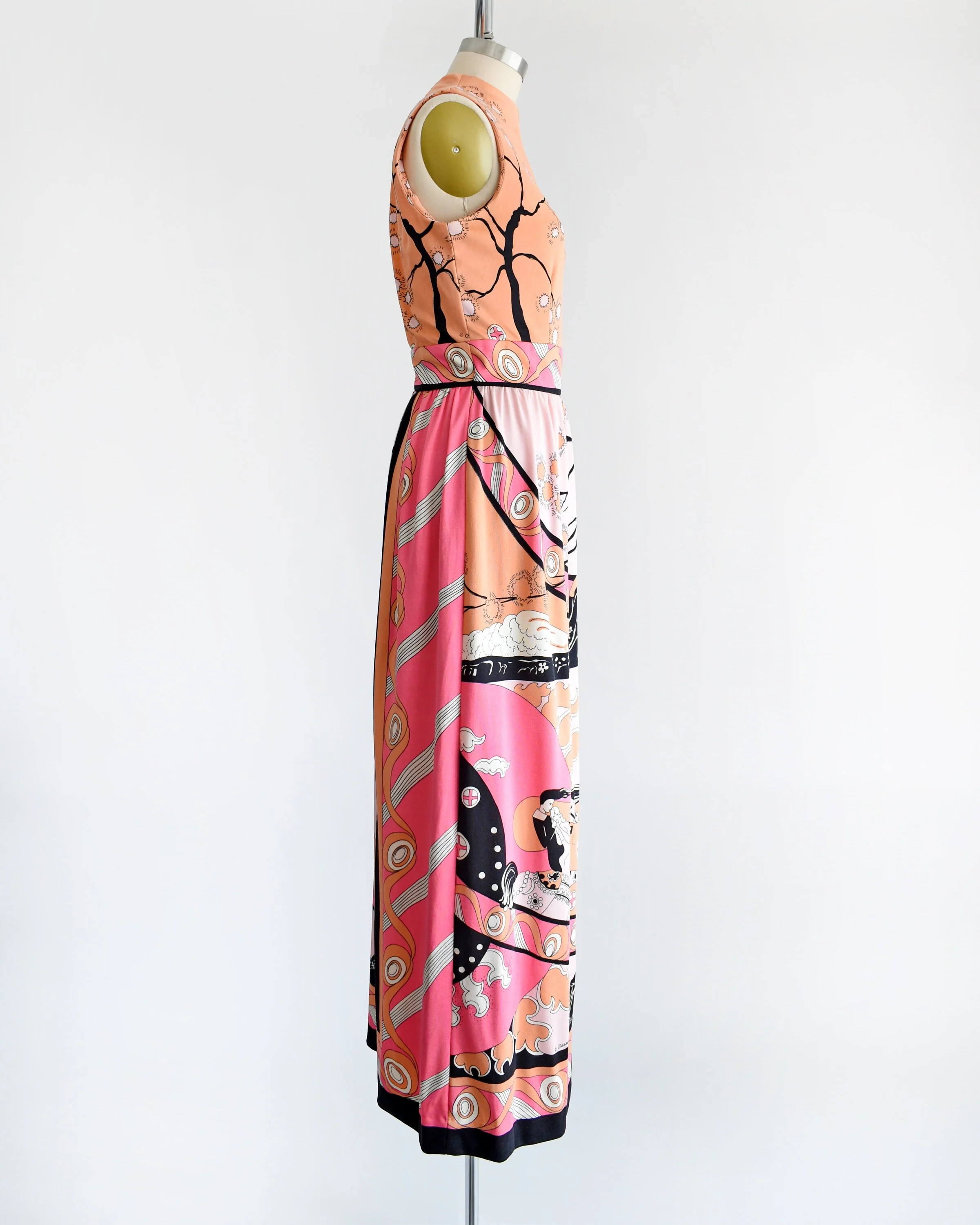 70s Psychedelic Fairytale Maxi Dress Vintage 70s Dress, Pink and Peach Mod Maxi Gown by Casandra, Medium by Casandra - Image 3