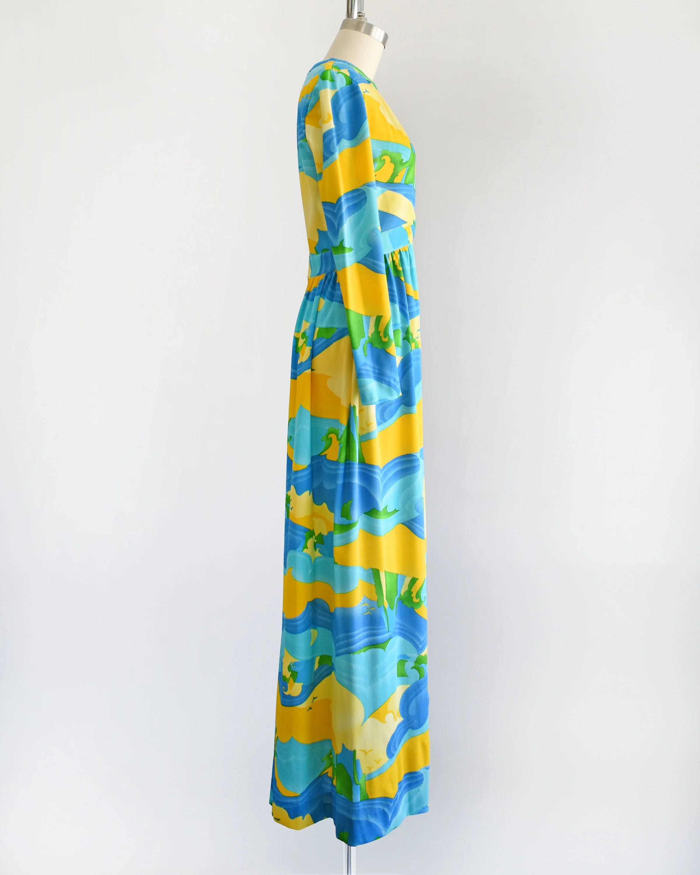 70s Psychedelic Maxi Dress Vintage 70s Dress Blue and Yellow Beach Landscape Print Dress, Small Medium by oung Dimensions for Saks Fifth Avenue - Image 2