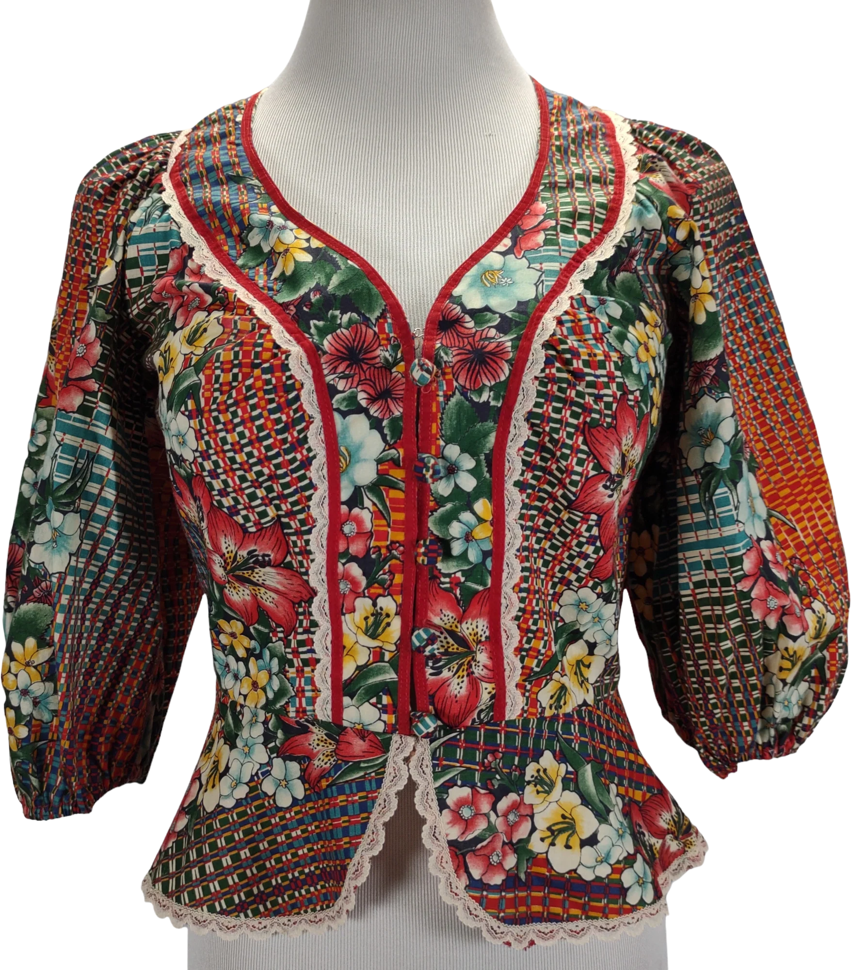 70s Puff Sleeve Peplum Button Up Top Floral Print By Just Tops of California