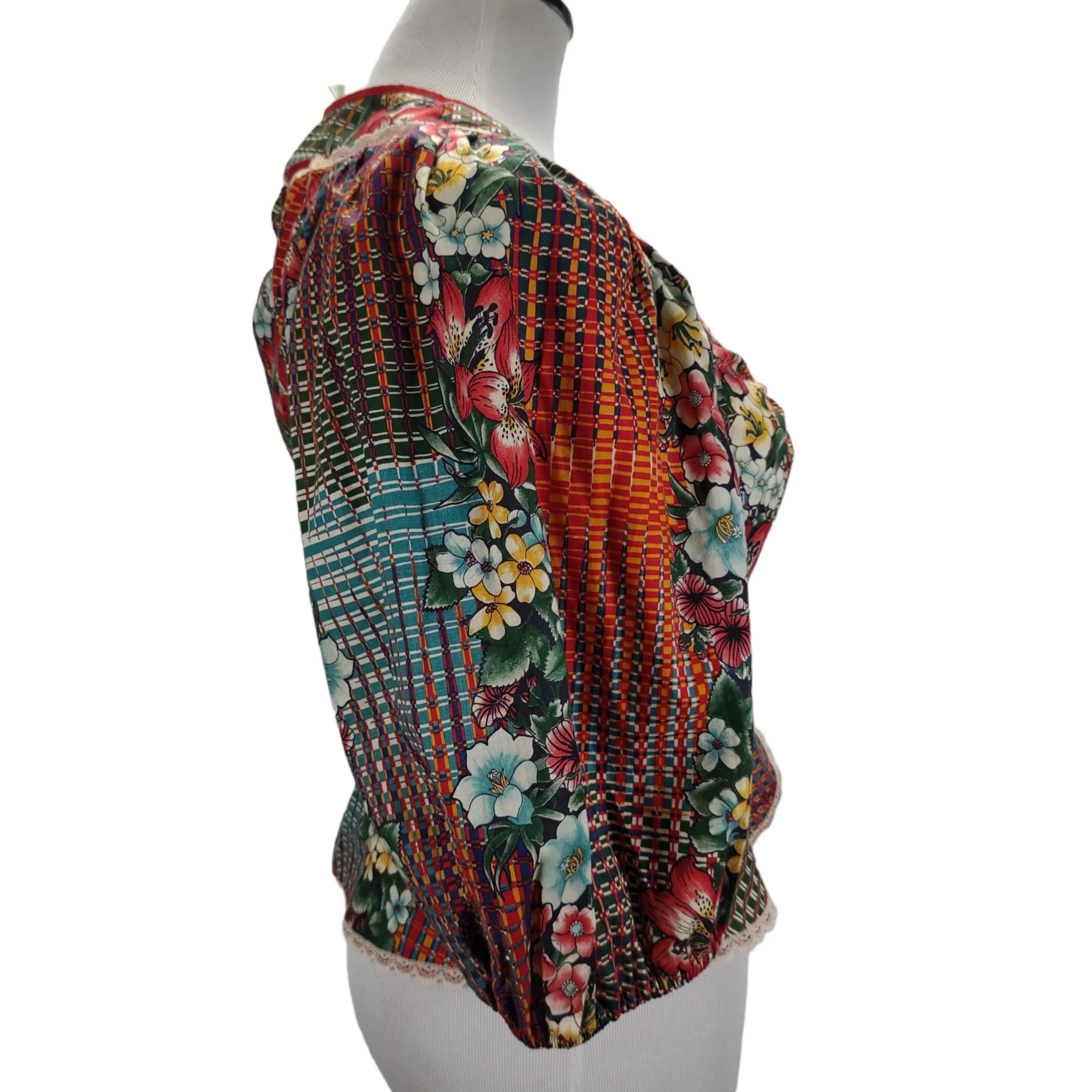 70s Puff Sleeve Peplum Button Up Top Floral Print By Just Tops of California - Image 4