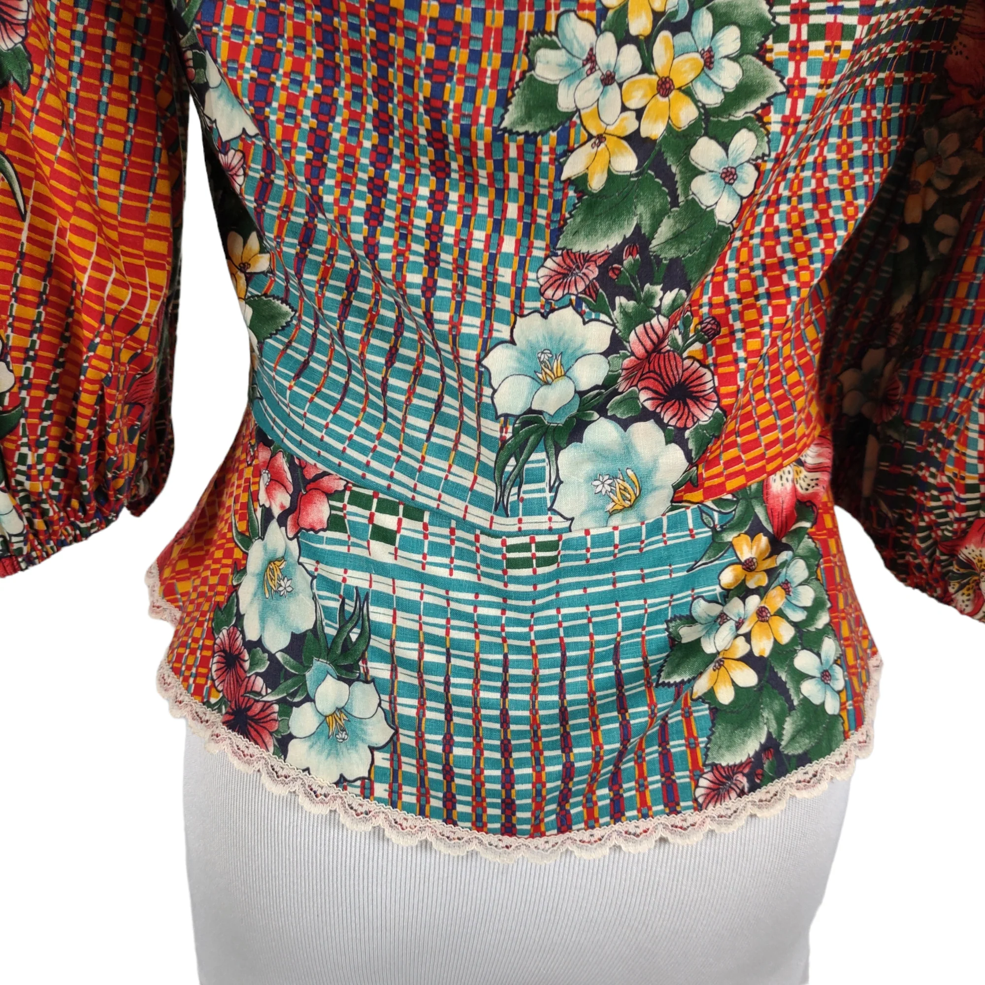 70s Puff Sleeve Peplum Button Up Top Floral Print By Just Tops of California - Image 5