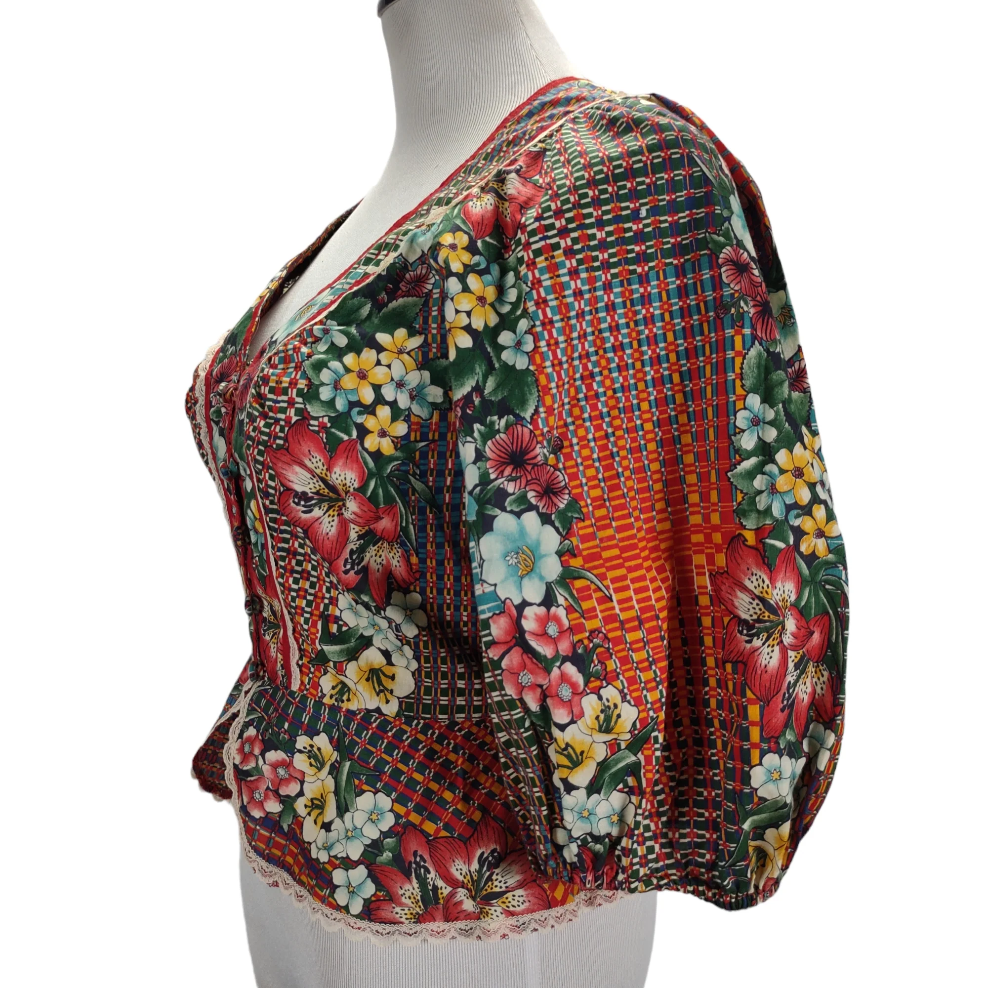 70s Puff Sleeve Peplum Button Up Top Floral Print By Just Tops of California - Image 6