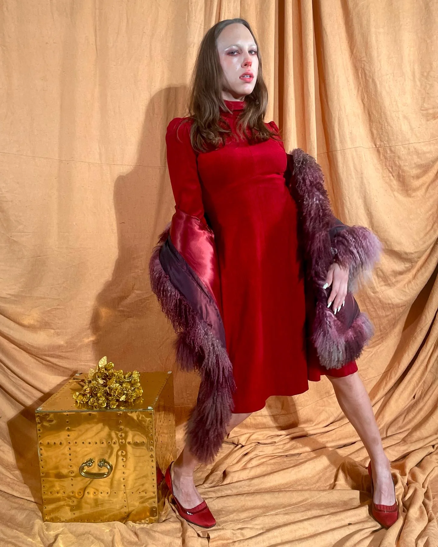 70s Puritan Cottage Blood Red Riding Hood Dress By House of She - Image 3