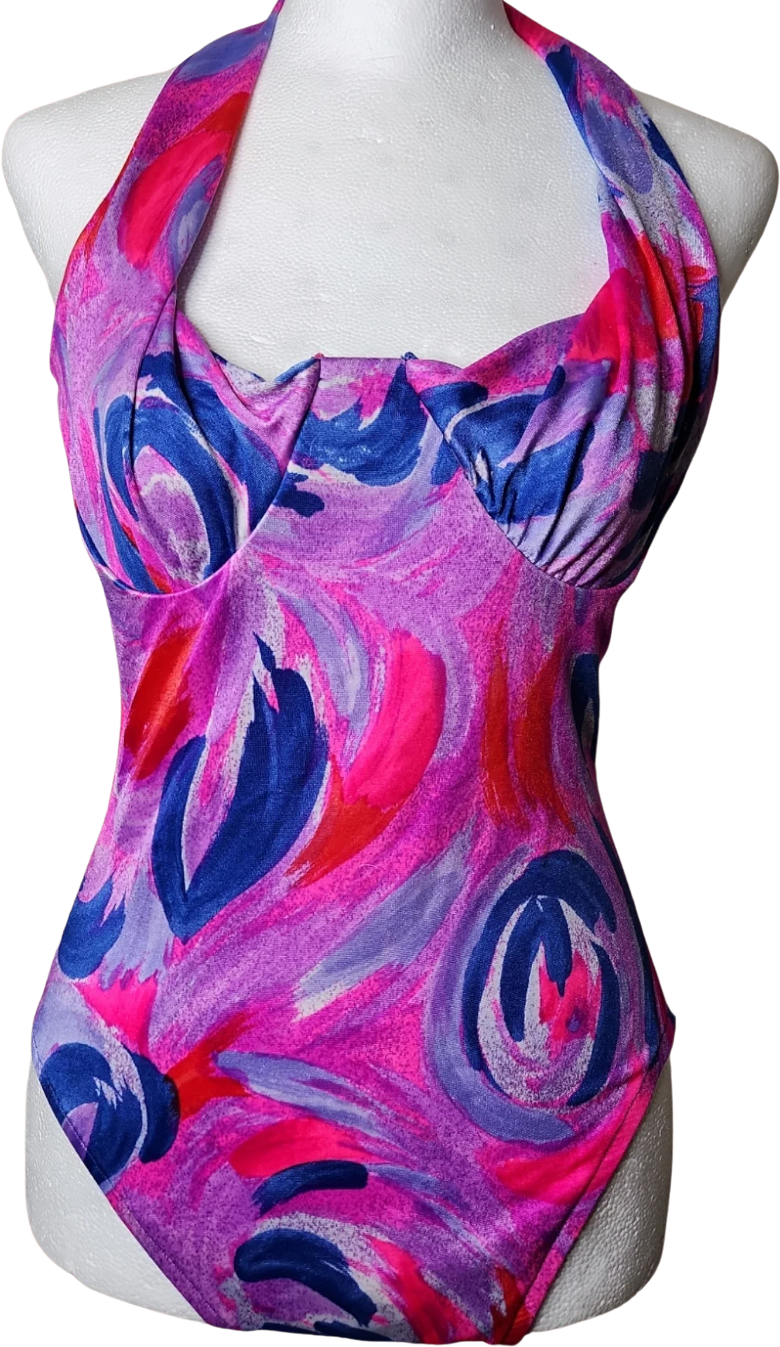 70s Purple And Pink Abstract Halter Top Swimsuit By A & H Sportswear