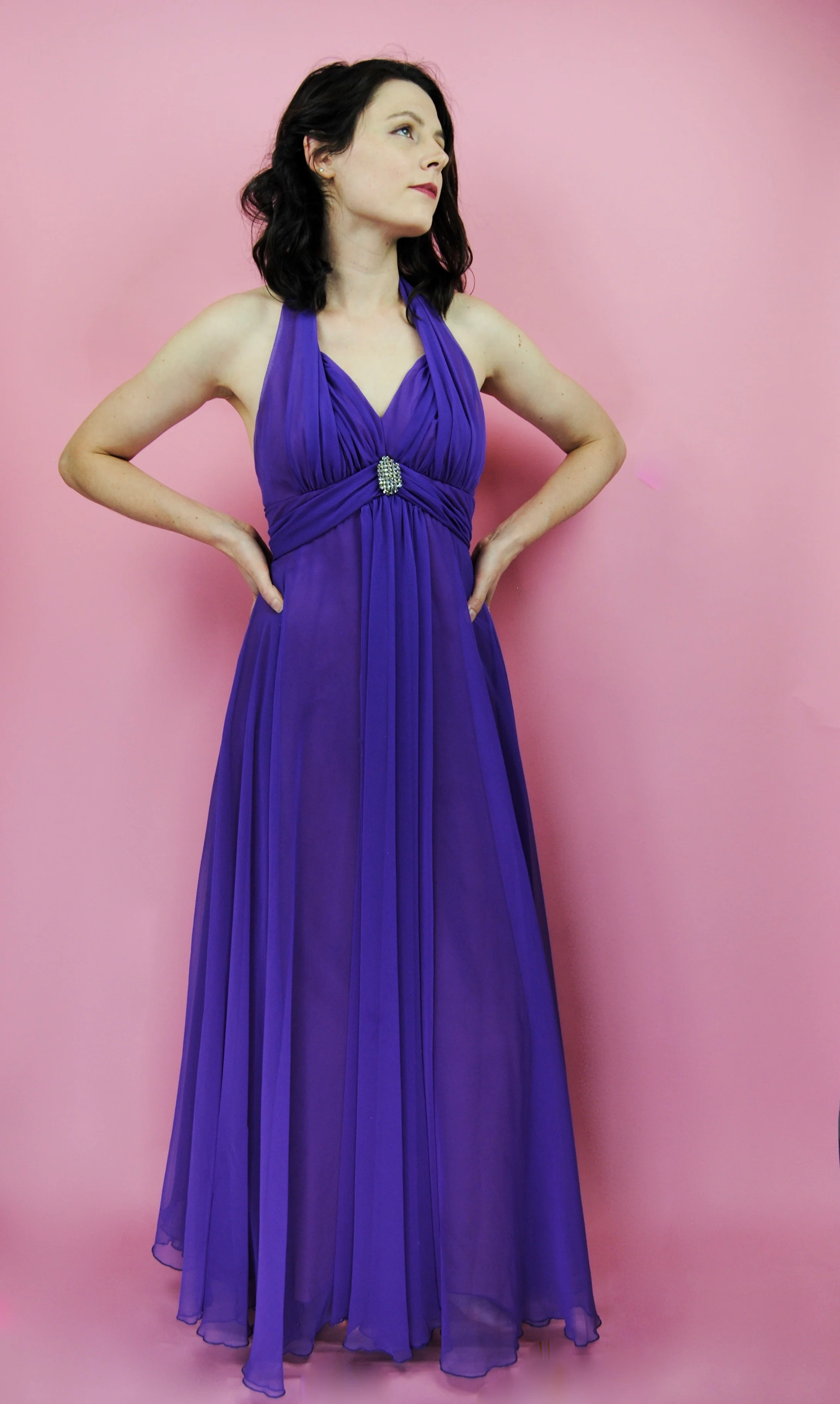 70s Purple Chiffon Halter Formal With Rhinestone Piece By Mike Benet - Image 3