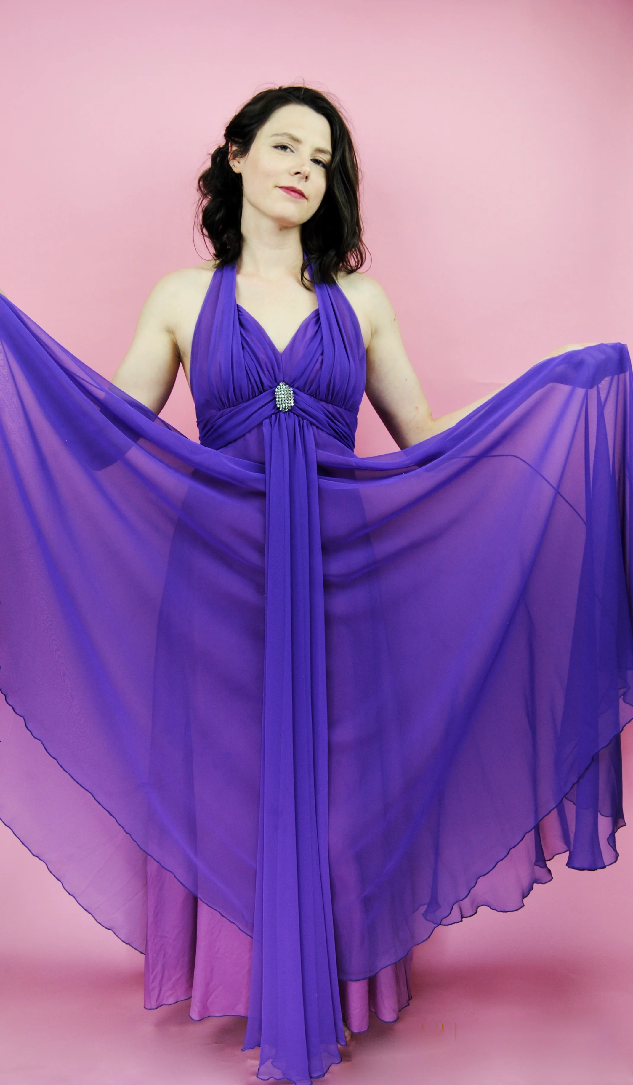 70s Purple Chiffon Halter Formal With Rhinestone Piece By Mike Benet - Image 4
