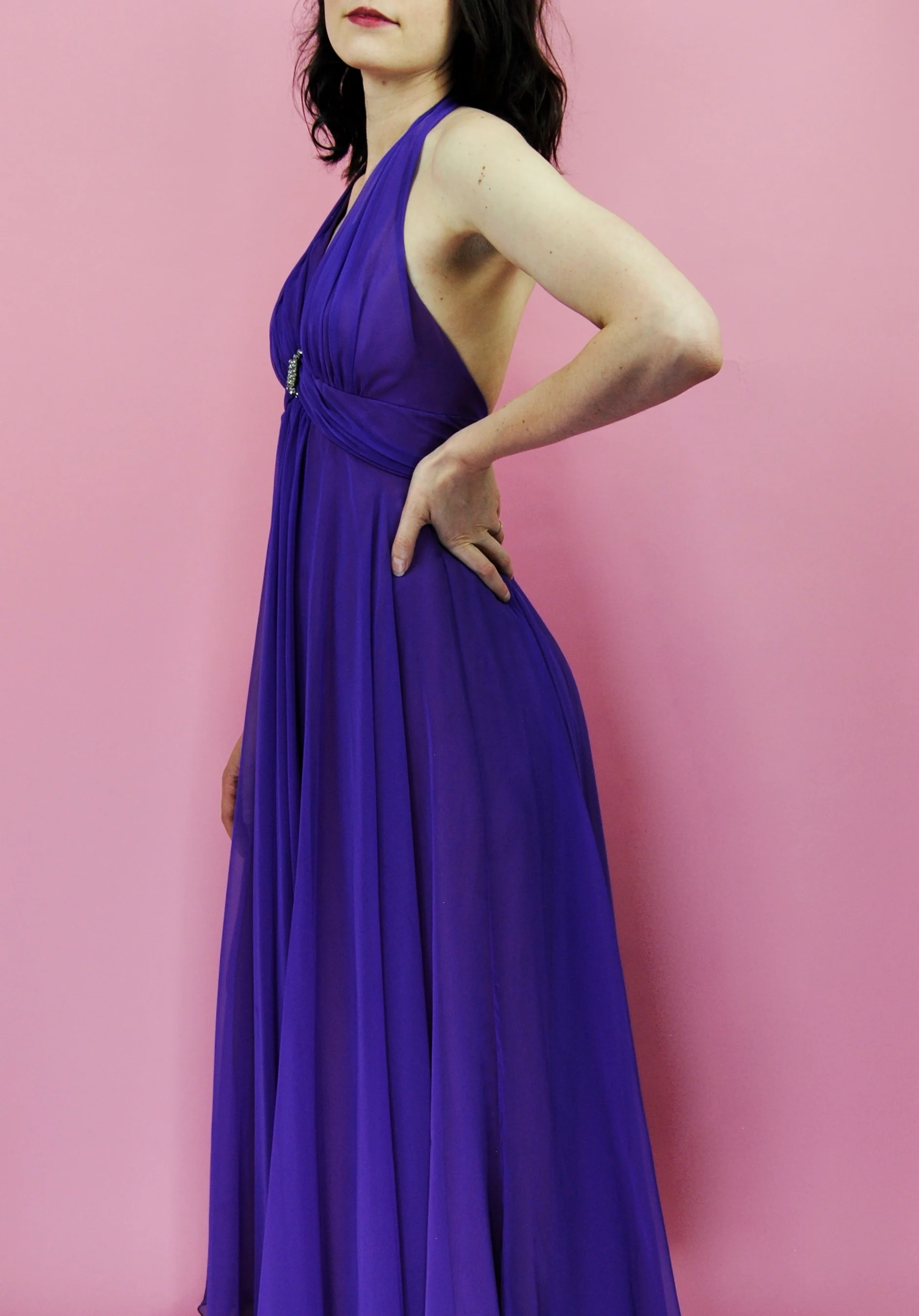 70s Purple Chiffon Halter Formal With Rhinestone Piece By Mike Benet - Image 6