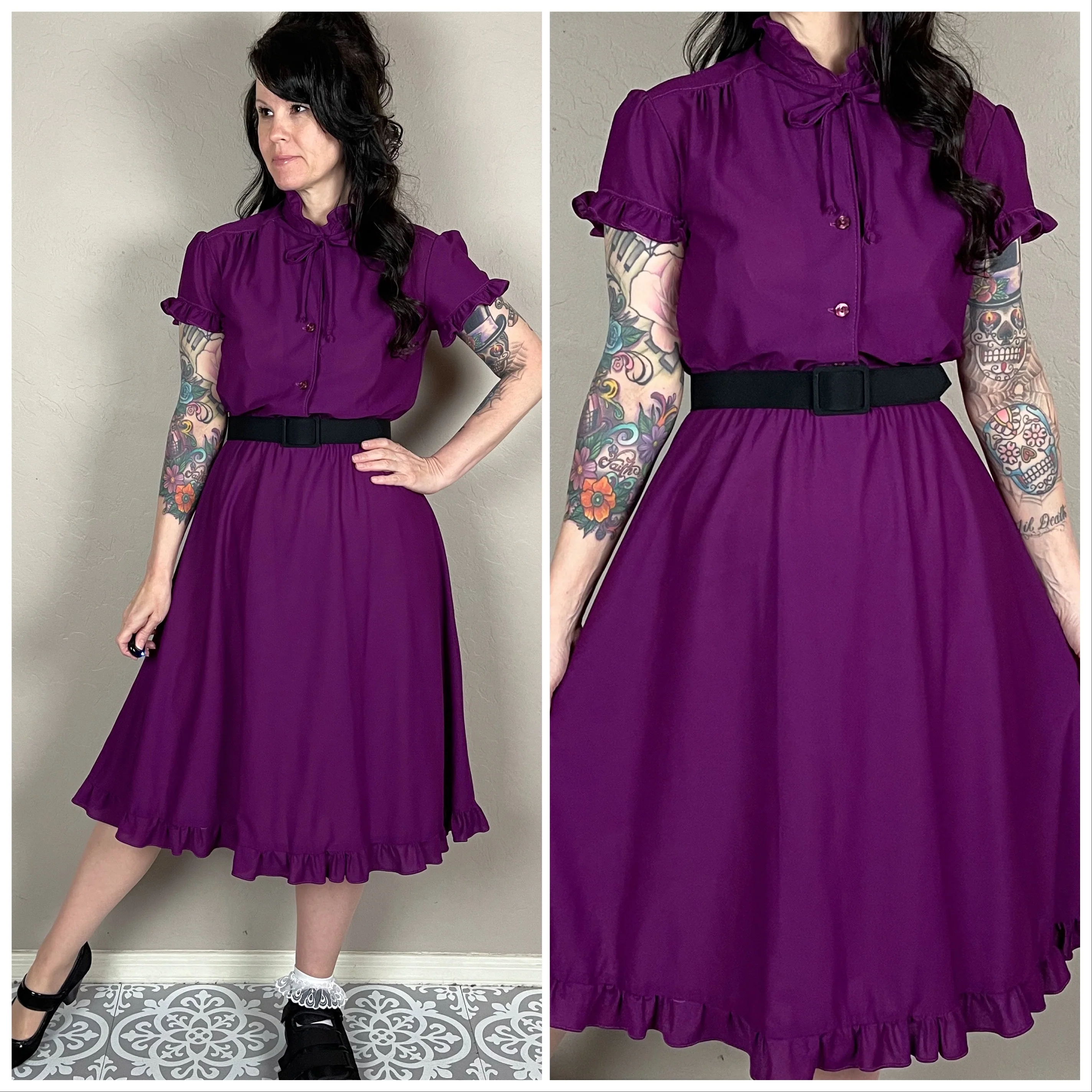 70s Purple Chiffon Ruffle Short Sleeve Dress By Qr2 - Image 2
