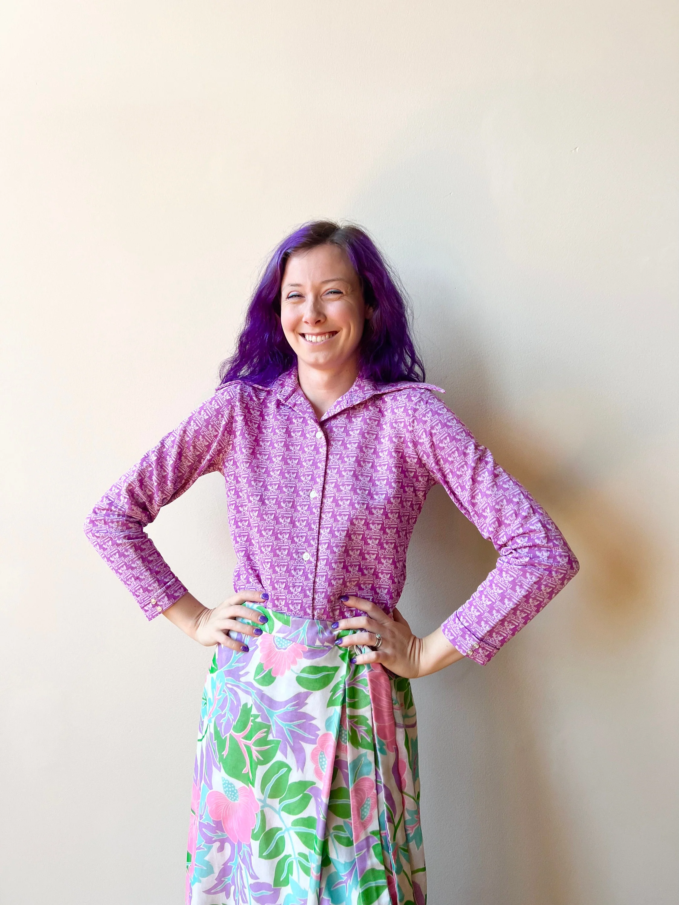 70s Purple Faces Novelty Print Polyester Disco Shirt - Image 6