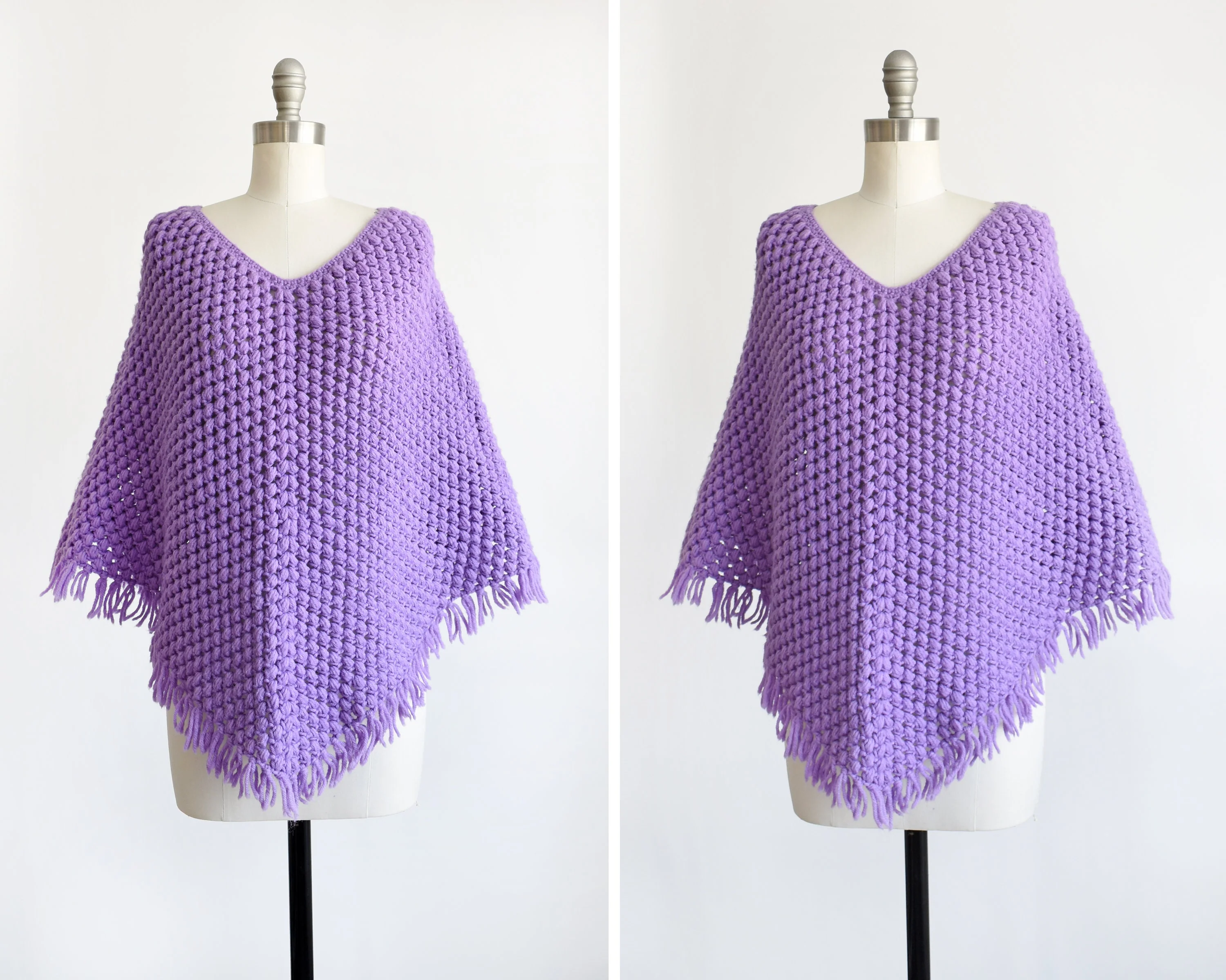 70s Purple Poncho Vintage 70s Poncho, Fringed Sweater Cape Shawl - Image 2