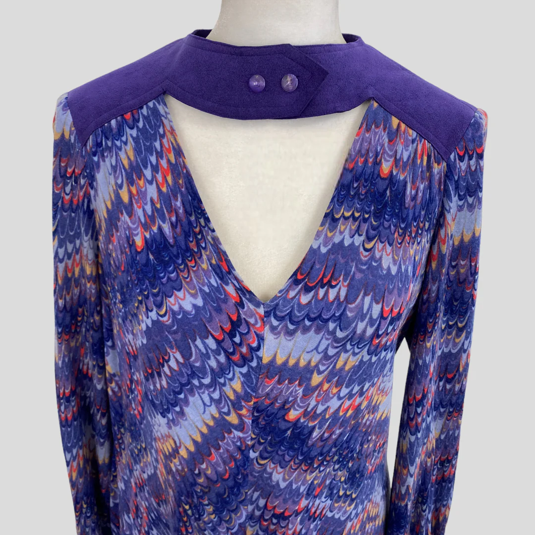 70s Purple Psychedelic Cutout Neck Shift Dress By Abe Schrader - Image 3