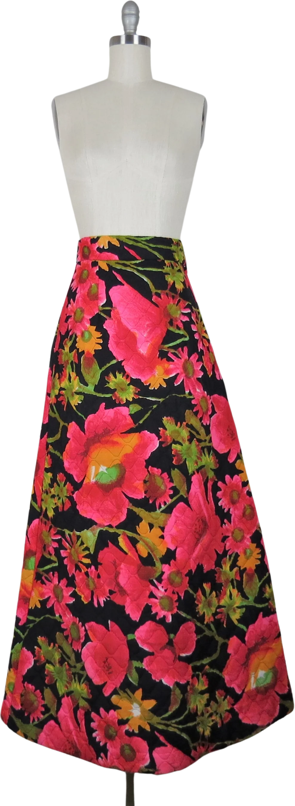 70s Quilted Floral Maxi Skirt A-line Hostess Bold Mod By Malbe Original