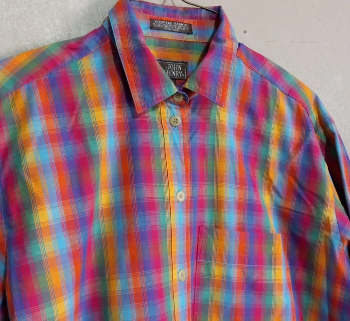 70s Rainbow Stripe Plaid Cotton Poly Asymmetrical Top By John Henry - Image 3