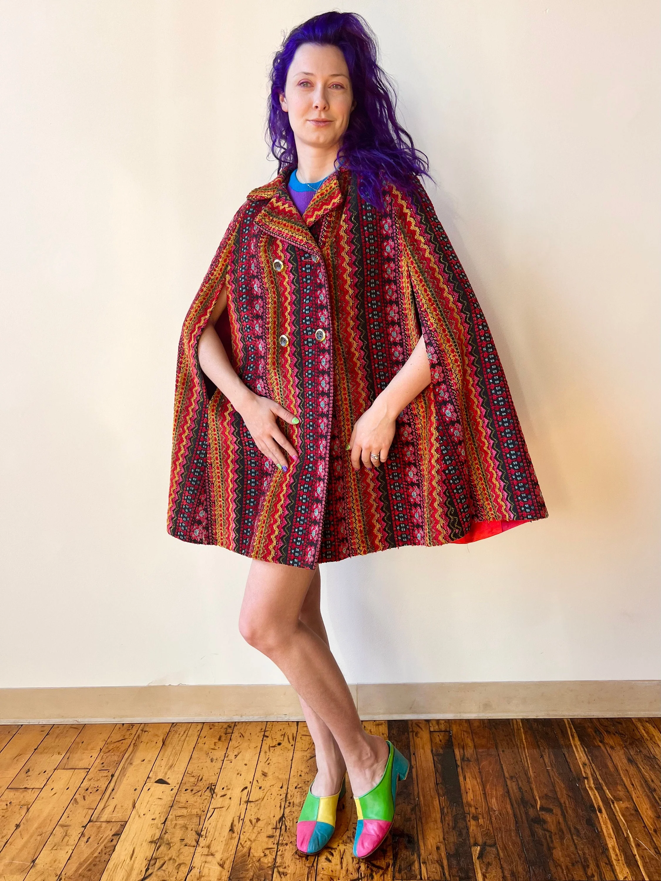 70s Rainbow Tapestry Tufted Chenille Carpet Coat Cape Poncho - Image 4