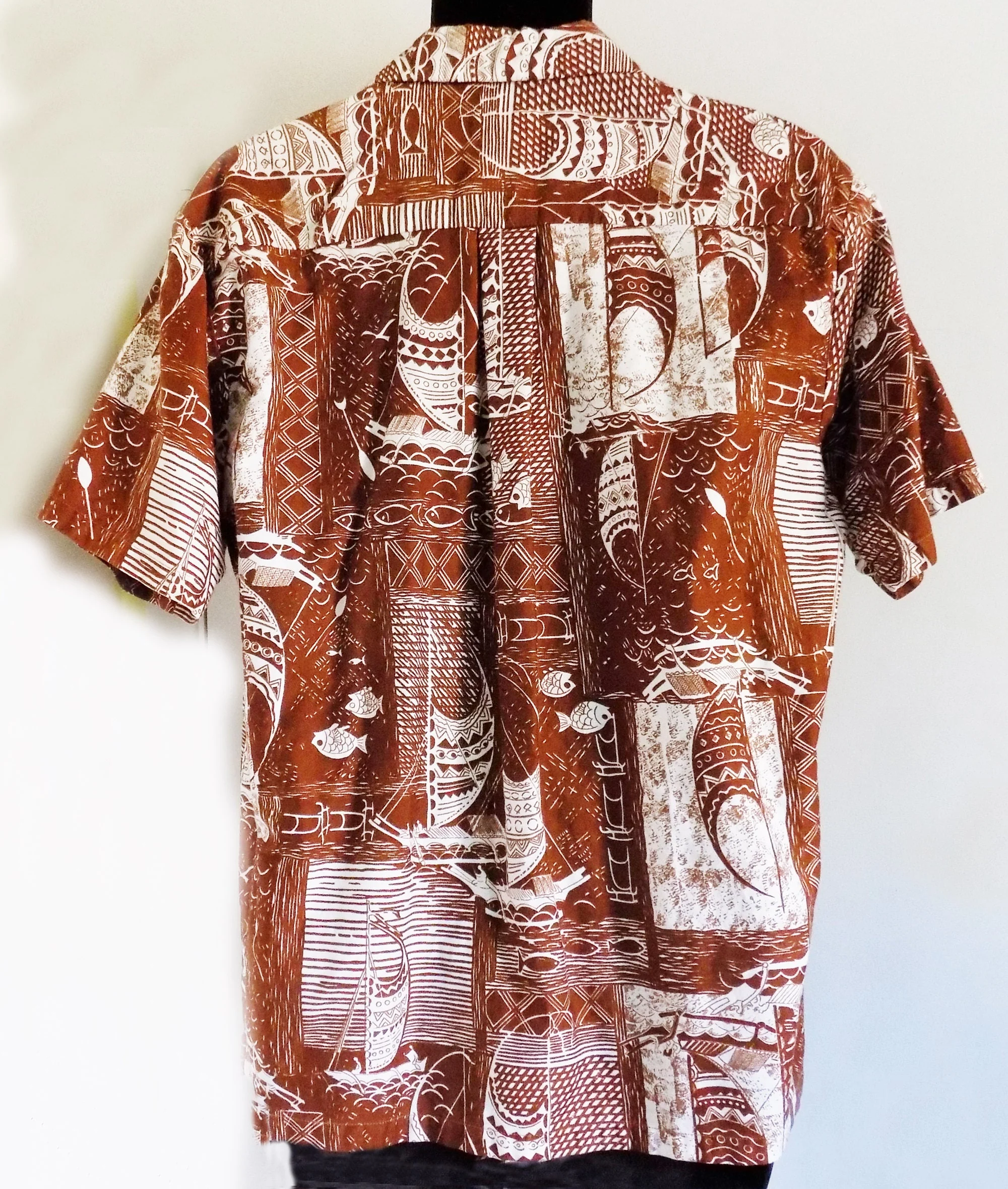 70s Rare Label Hrh His Royal Highness Cotton Hawaiian Shirt L Brown and White Loop Collar Mint by His Royal Highness - Image 2